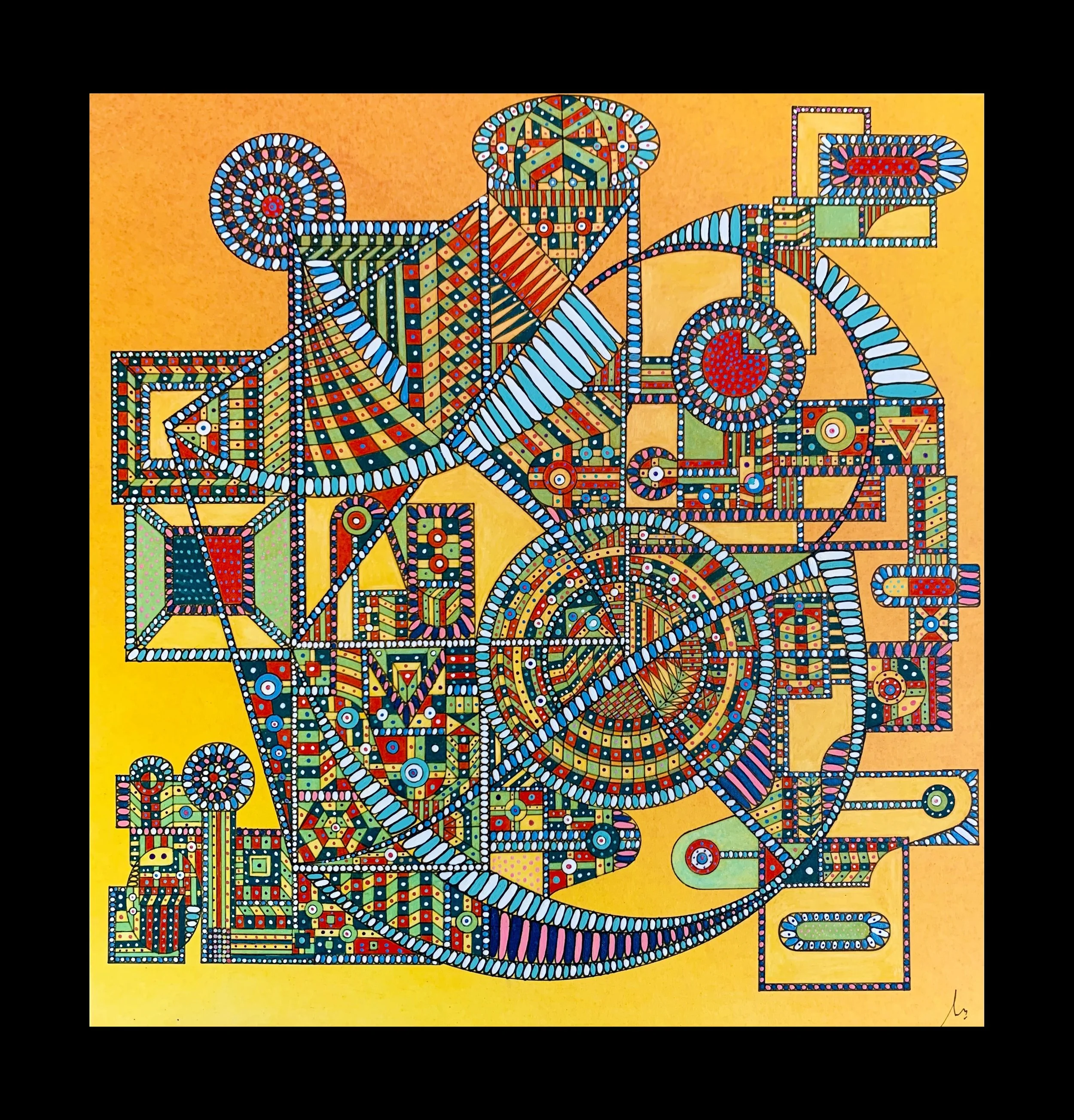 Composition 1, 
2022, 
24 x 25 cm, Pigments, stylo gel métallique, crayon de couleur sur papier.