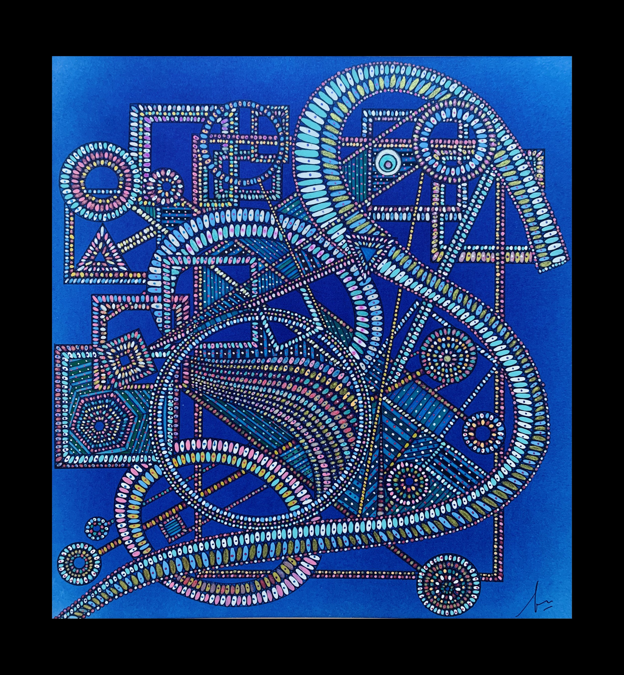 Structure 2, 
Composition 7, 
2022, 
22.5 x 24 cm, Pigments, stylo gel métallique, crayon de couleur sur papier.