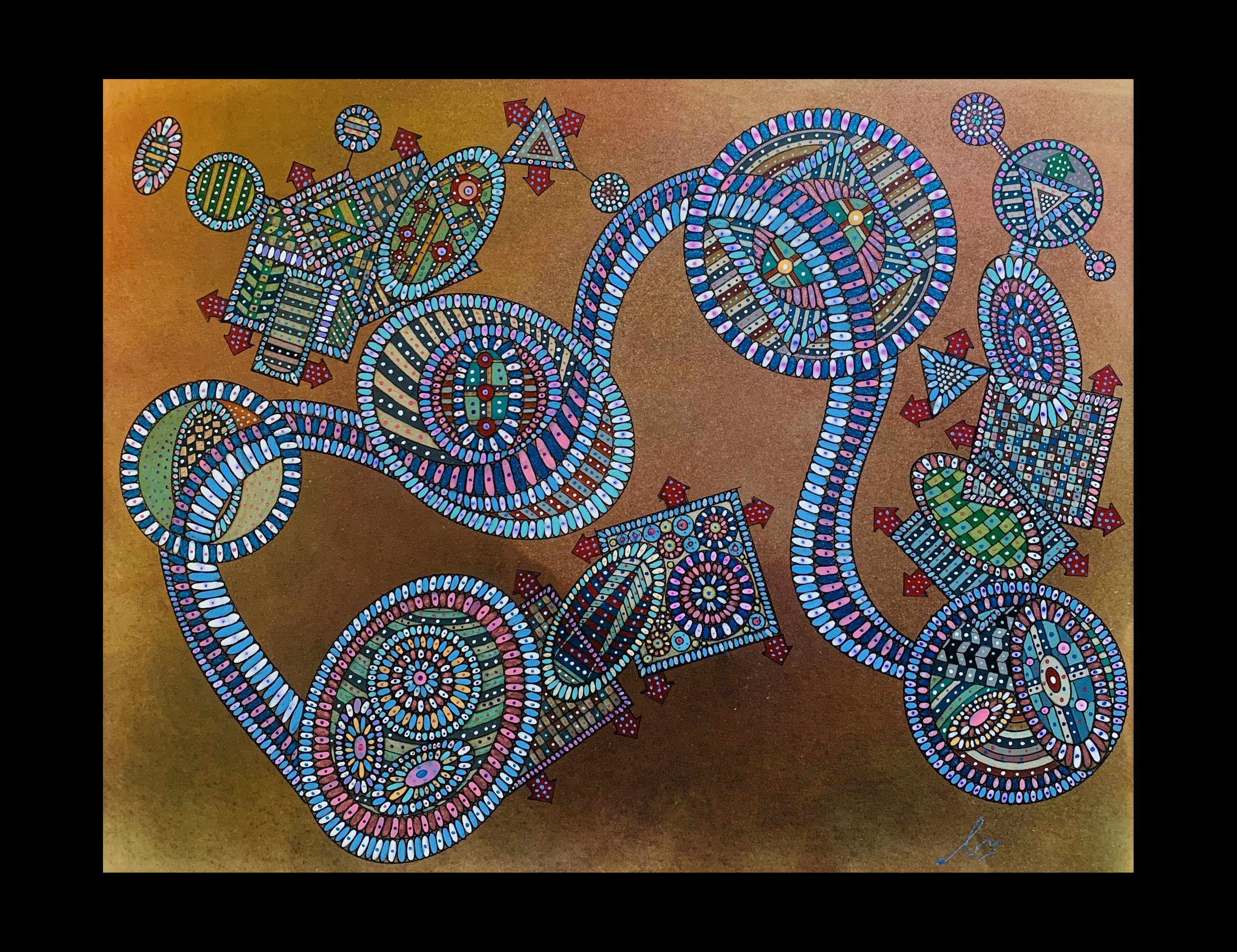 Structure 2, 
Composition 5, 
2022, 
31.5 x 24.5 cm, Pigments, stylo gel métallique, crayon de couleur sur papier.