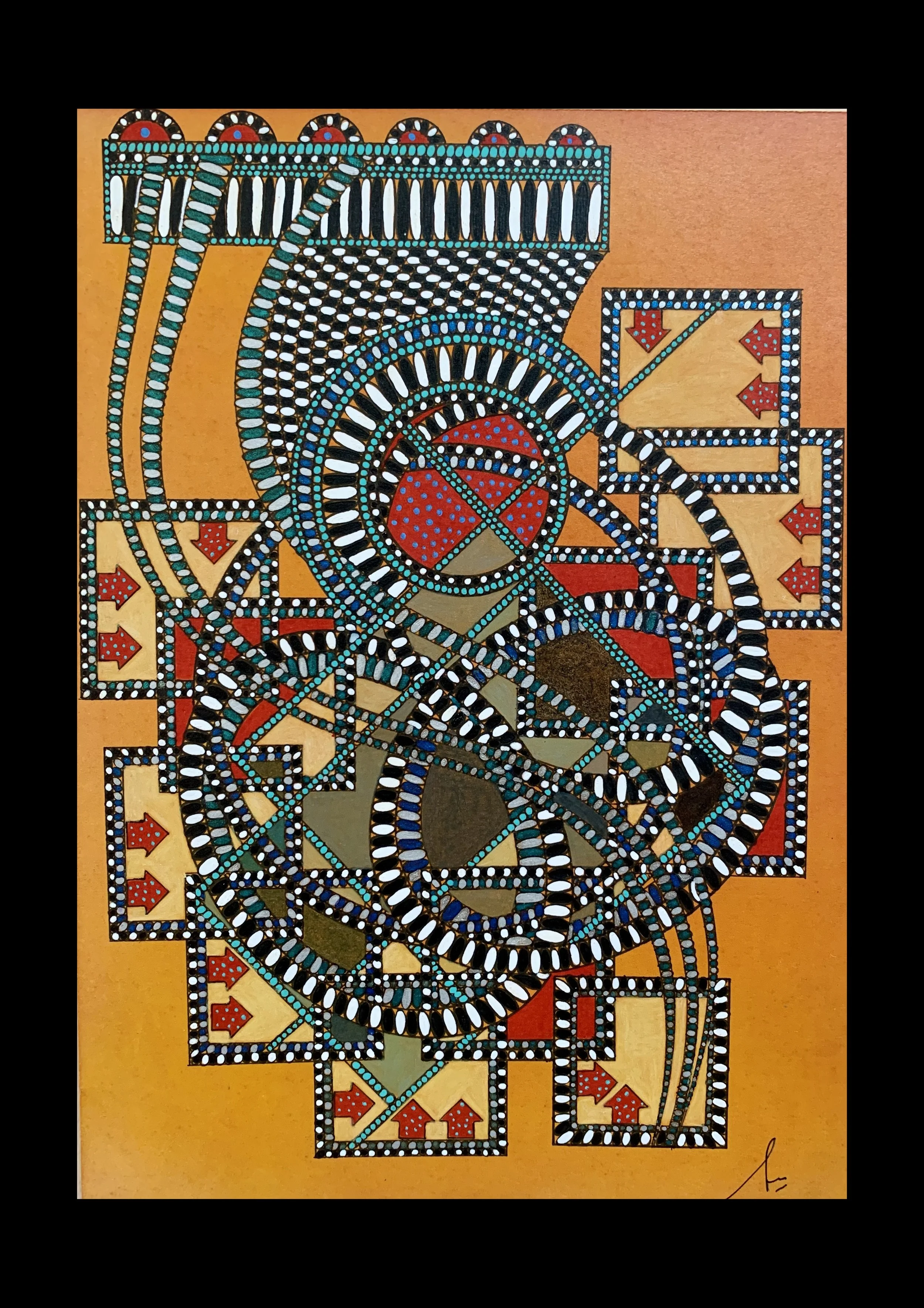 Structure 2, 
Composition 4, 
2022, 
18 x 25 cm, Pigments, stylo gel métallique, crayon de couleur sur papier.