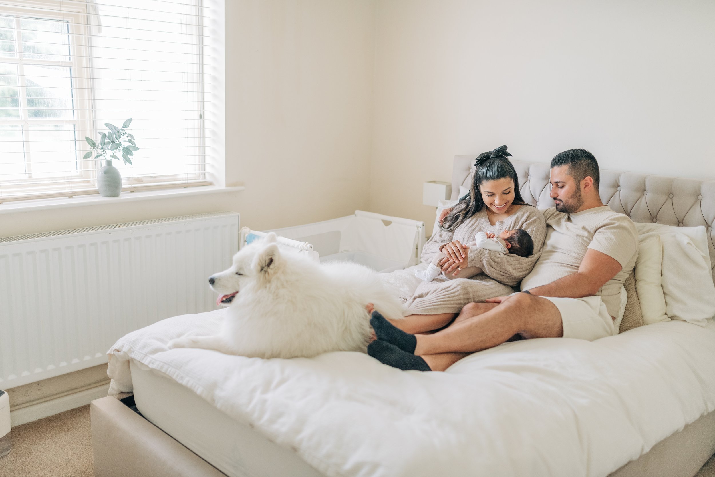 Norfolk Family Photographer.  A family of three with a dog in a bedroom. The woman is holding a newborn baby, and the man is sitting next to her. The dog is lying on the bed, panting. Sunlight comes through the window.