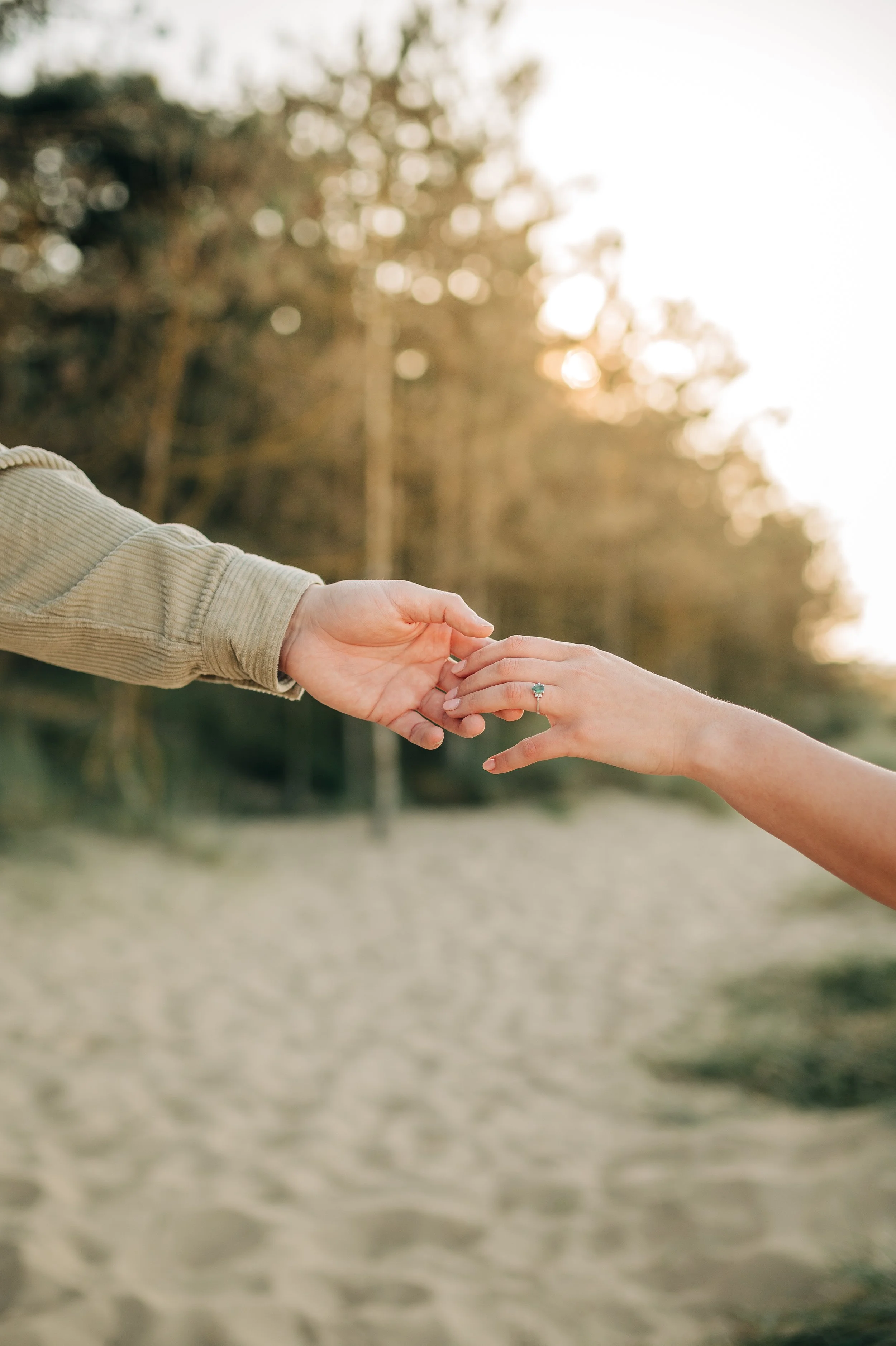 Norfolk Wedding Photographer.  Two hands reaching towards each other with fingers almost touching, outdoors with trees and sunlight in the background.