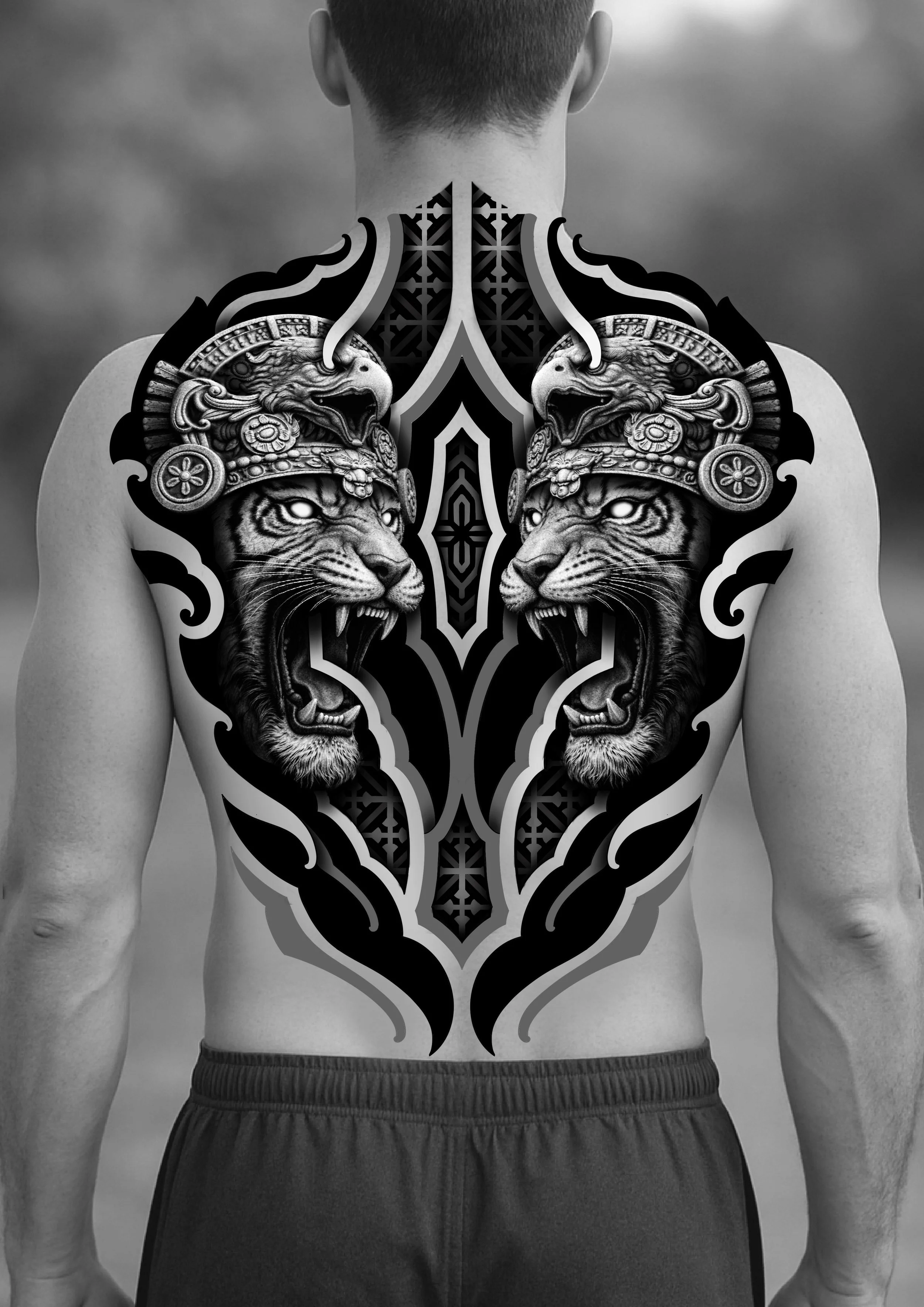 Geometric, realism and ornamental style back tattoo design, geometric tattoos uk