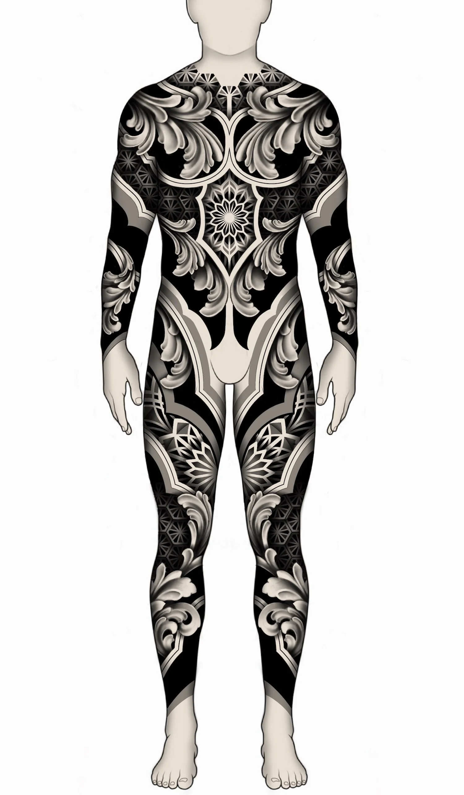 geometric-ornamental-full-male-body-suit-custom-tattoo-design-north-devon-UK