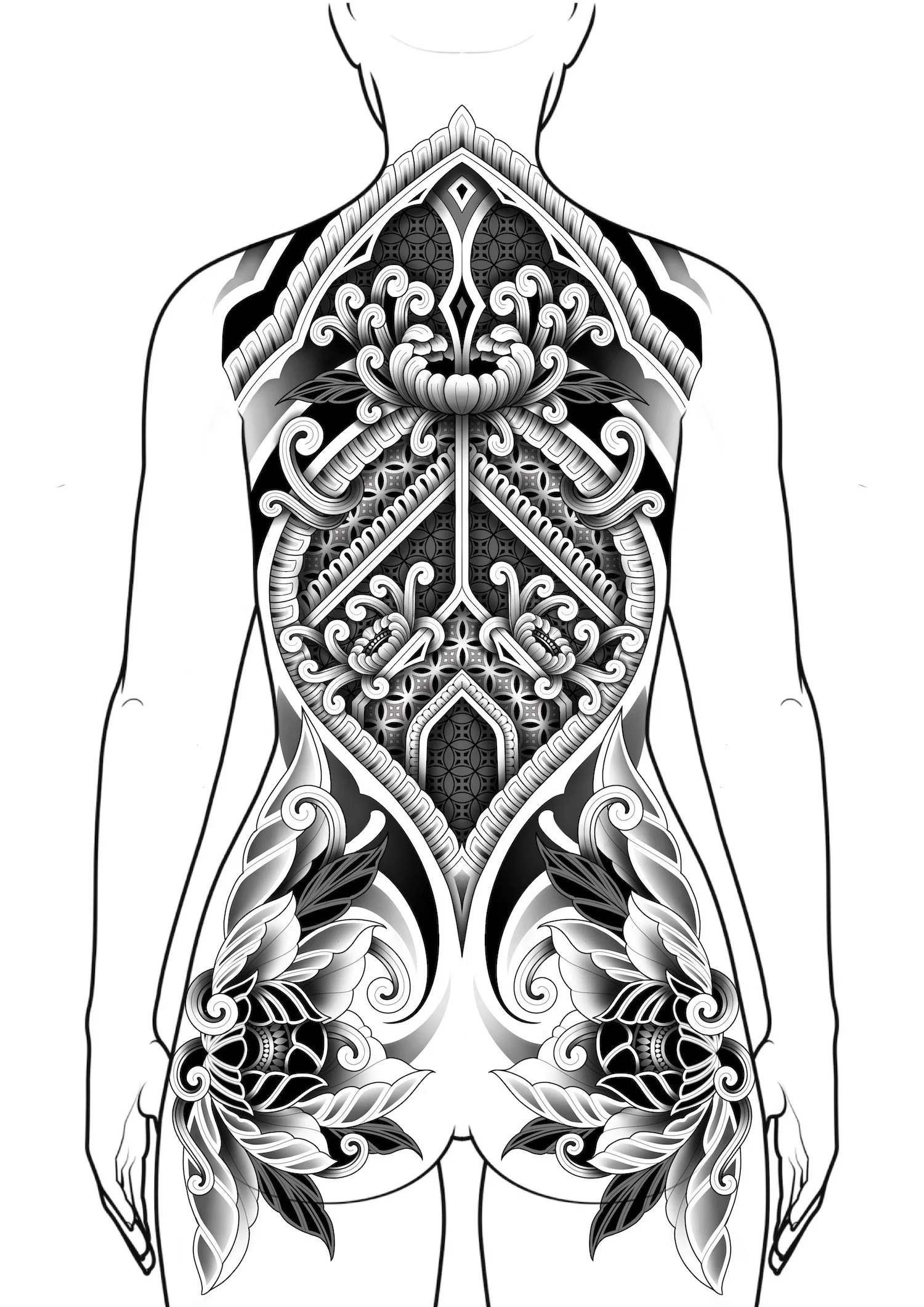 geometric-ornamental-full back-female-custom-tattoo-design-north-devon-UK