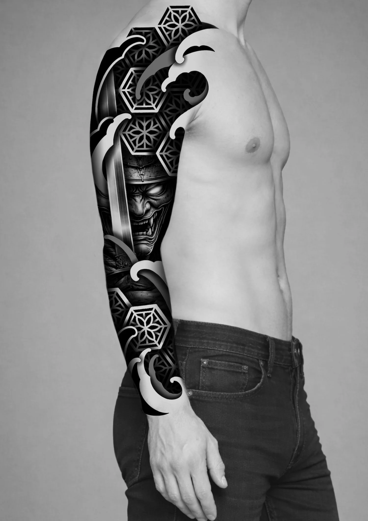 geometric-ornamental-japanese-full-sleeve-custom-tattoo-design-north-devon-UK