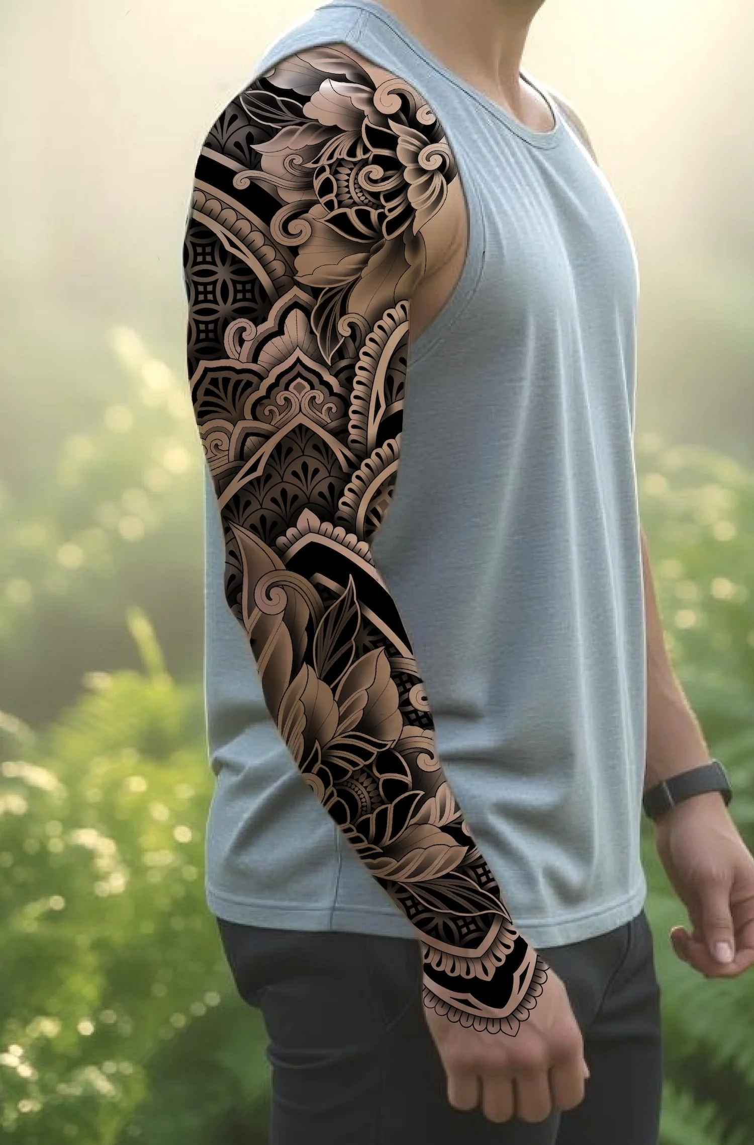 geometric-ornamental-full-arm-sleeve-and-hand-custom-tattoo-design-north-devon-UK