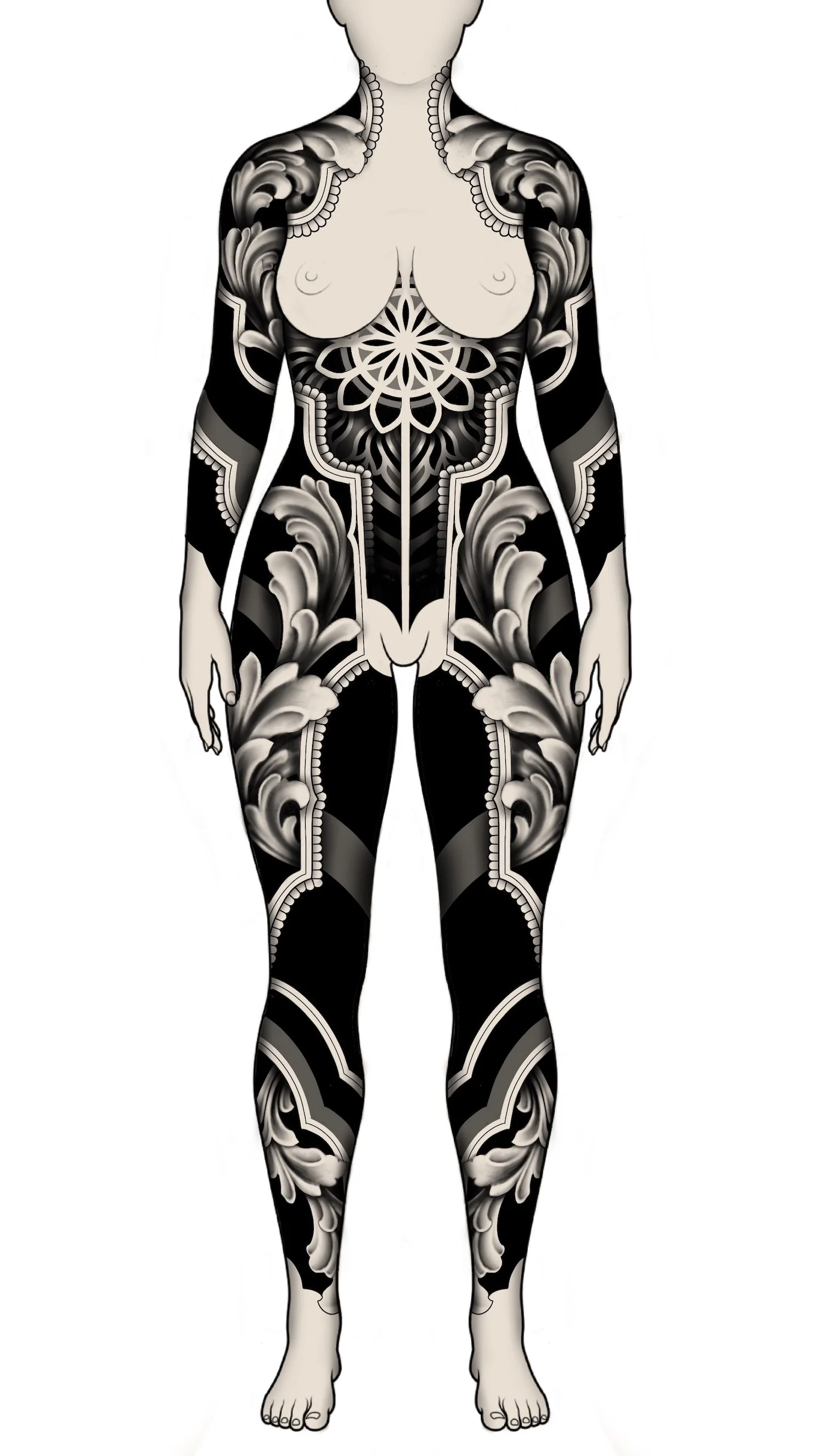 geometric-ornamental-full-female-body-suit-custom-tattoo-design-north-devon-UK