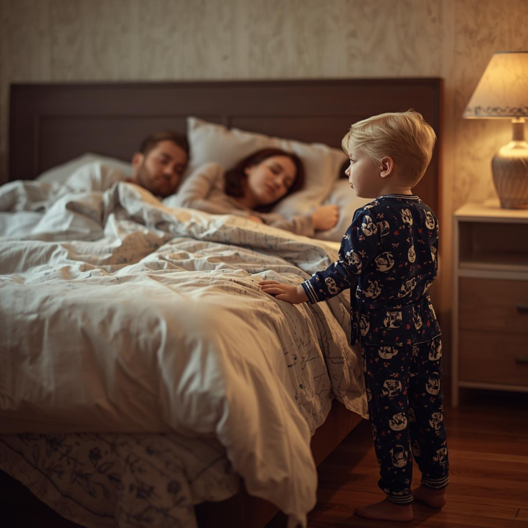 Young child waking parents early in the morning in bed