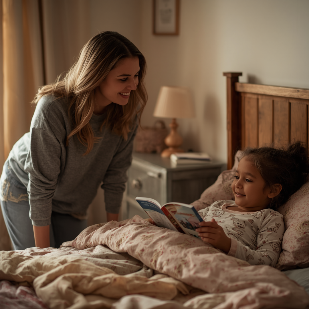 Babysitter reading to a child while she gets ready for bed with pyjamas and bedtime books.