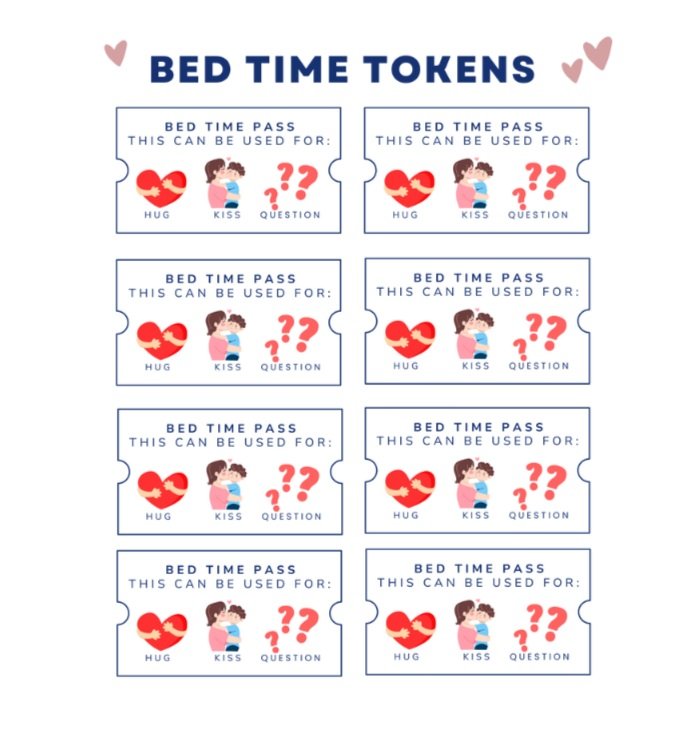 A sheet of six bed time tokens, each with spaces to be used for hug, kiss, or question, featuring illustrations of a child hugging or kissing a parent, and decorative pink hearts.