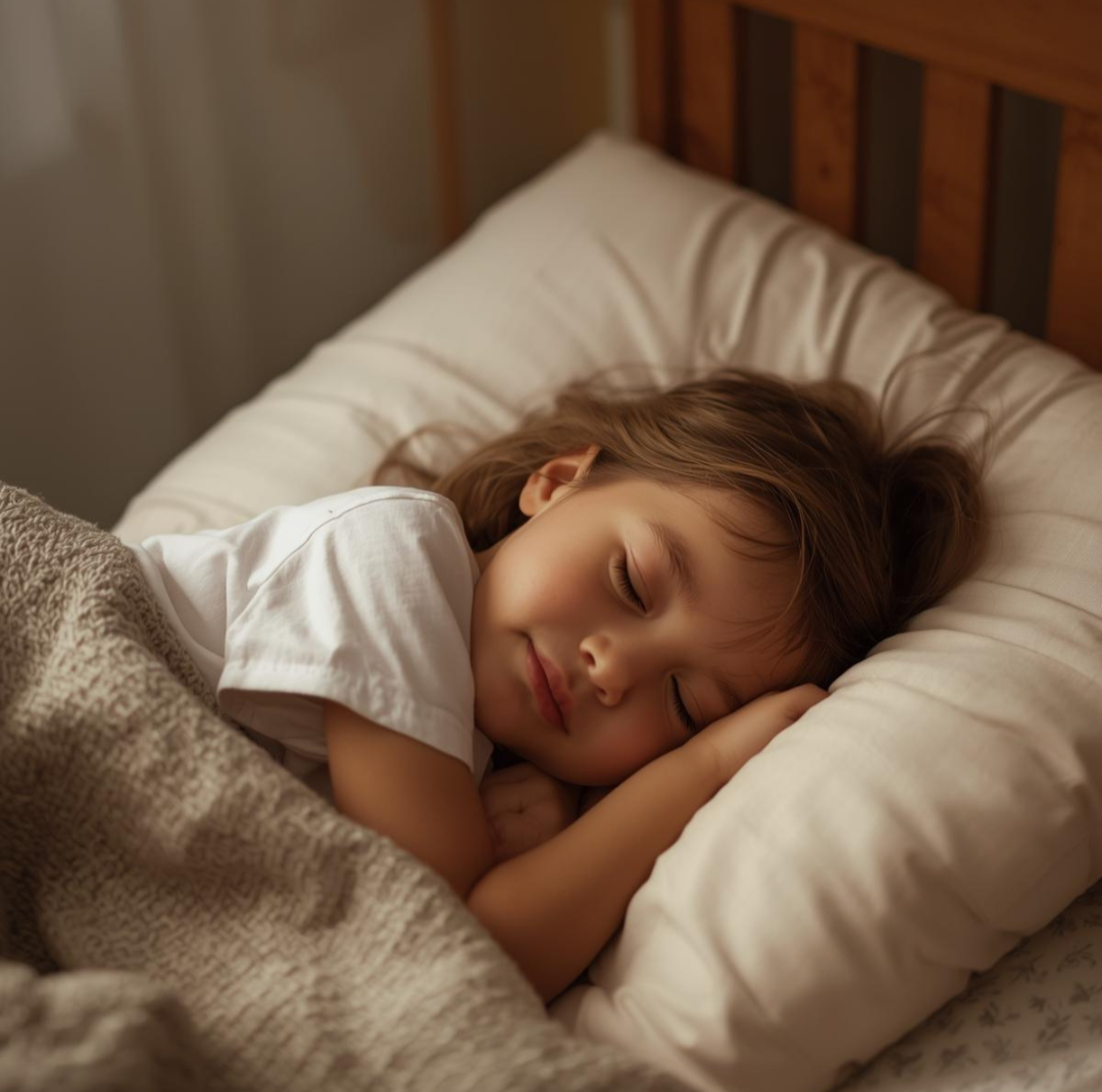 Child sleeping independently in bed with relaxed posture
