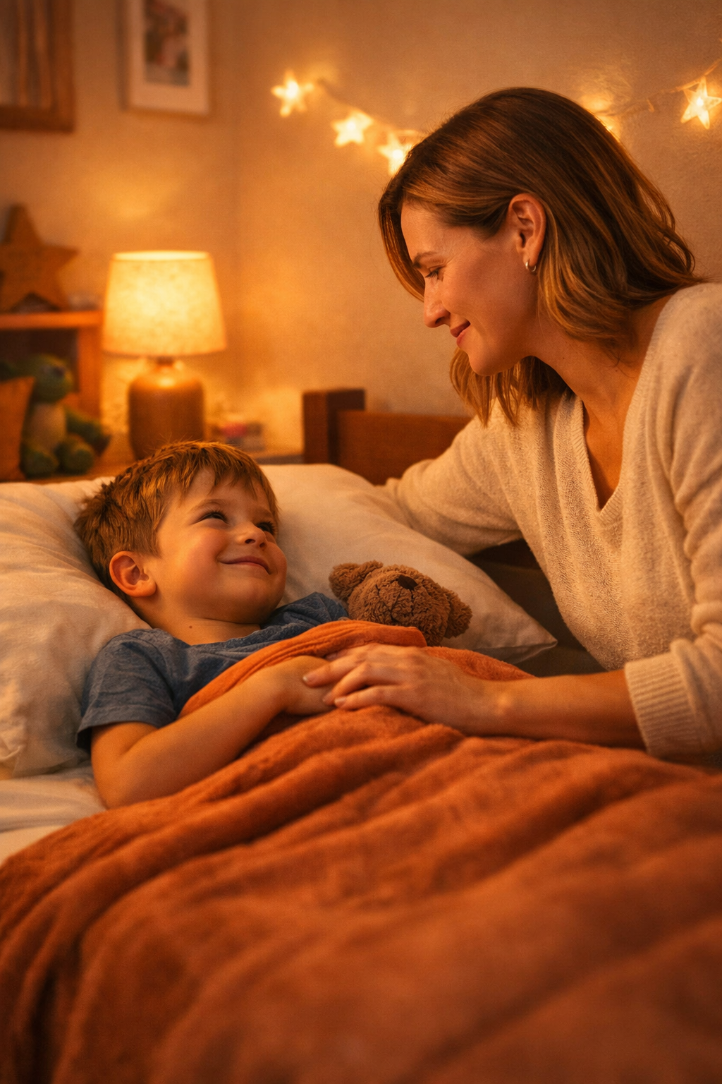 Mother tucking her young child into bed in a warm, softly lit bedroom during bedtime routine