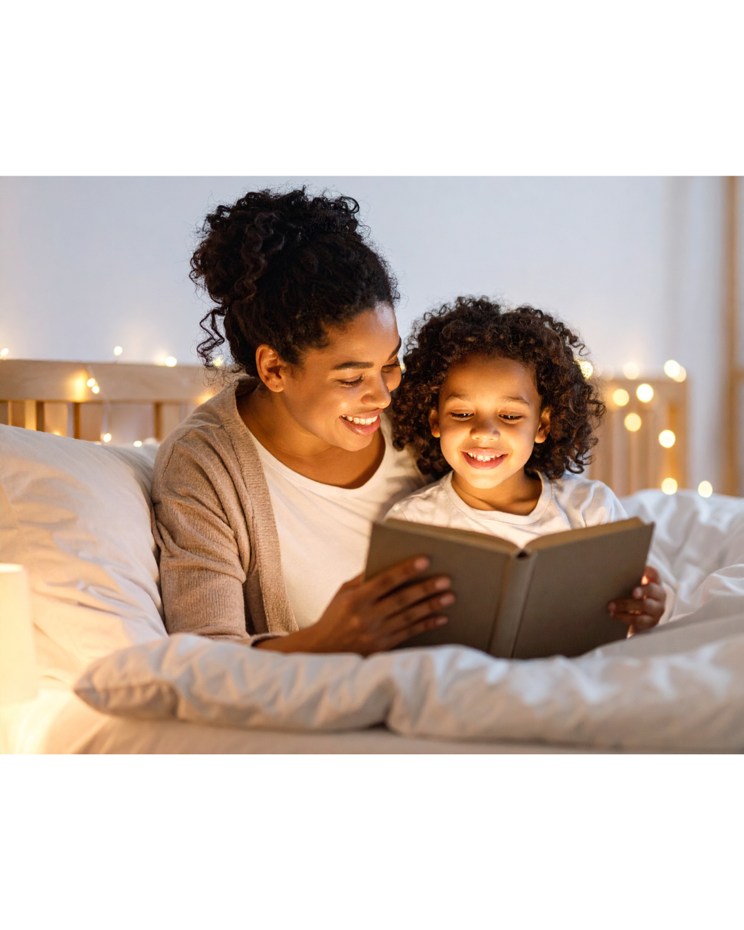 Working parent reading with their school-age child during an evening bedtime routine