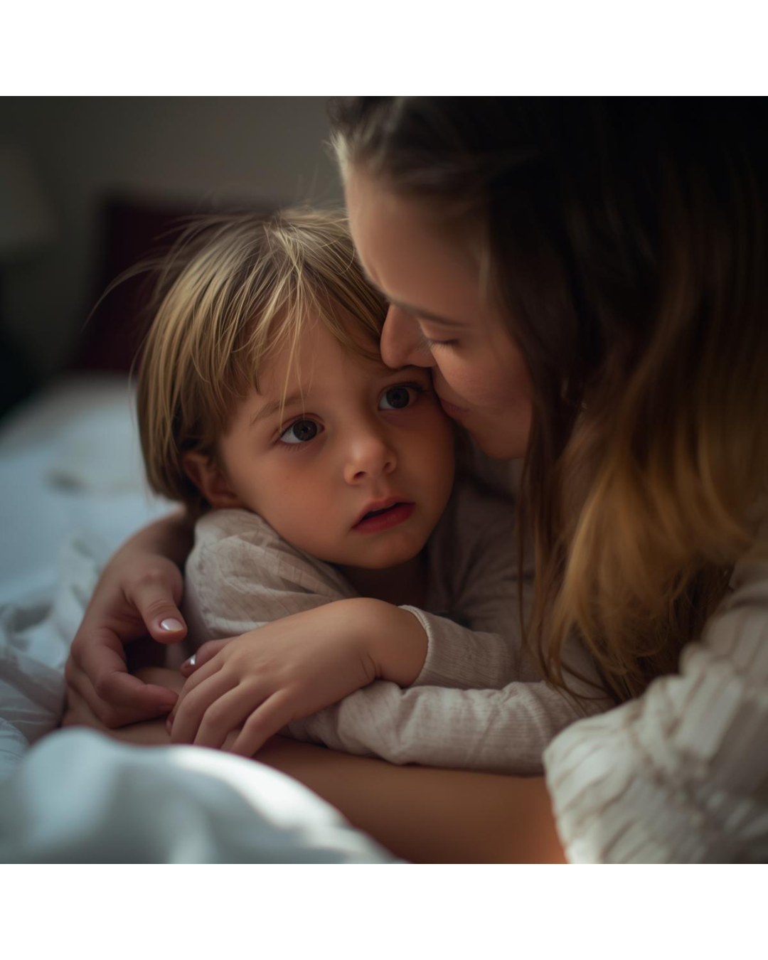 Child being comforted by mother during a calm bedtime