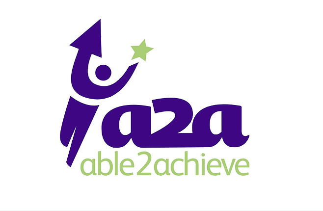 Logo with the word "taza" in purple, a stylized figure holding a star, and the tagline "able2achieve" in green.