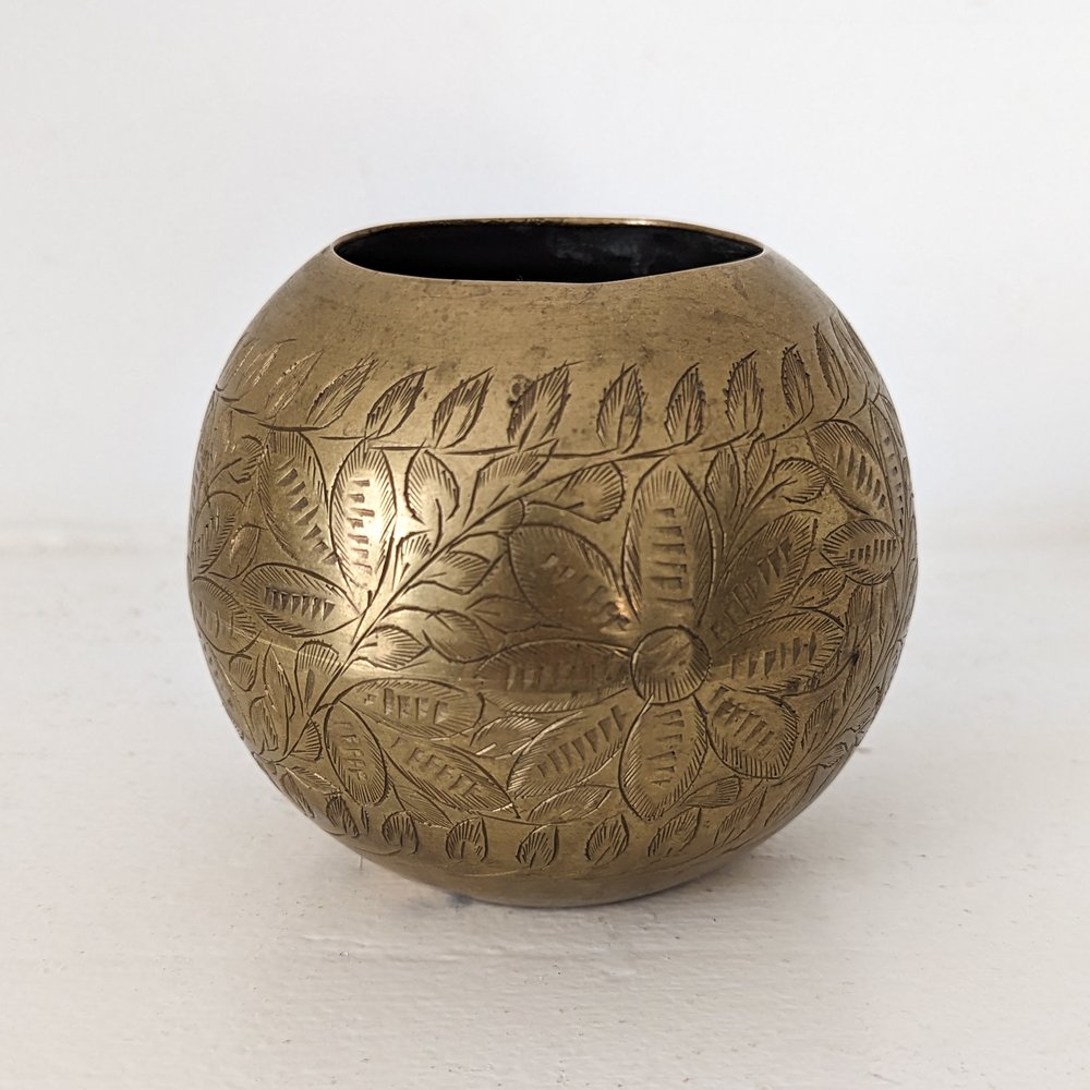 Vintage brass floral etched globe vase — Tessellate Vintage