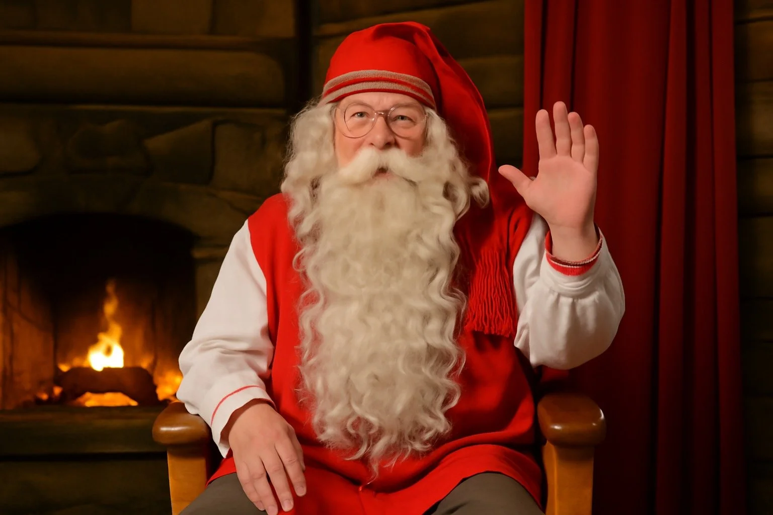 Santa in a cosy Lapland cabin by a fireplace