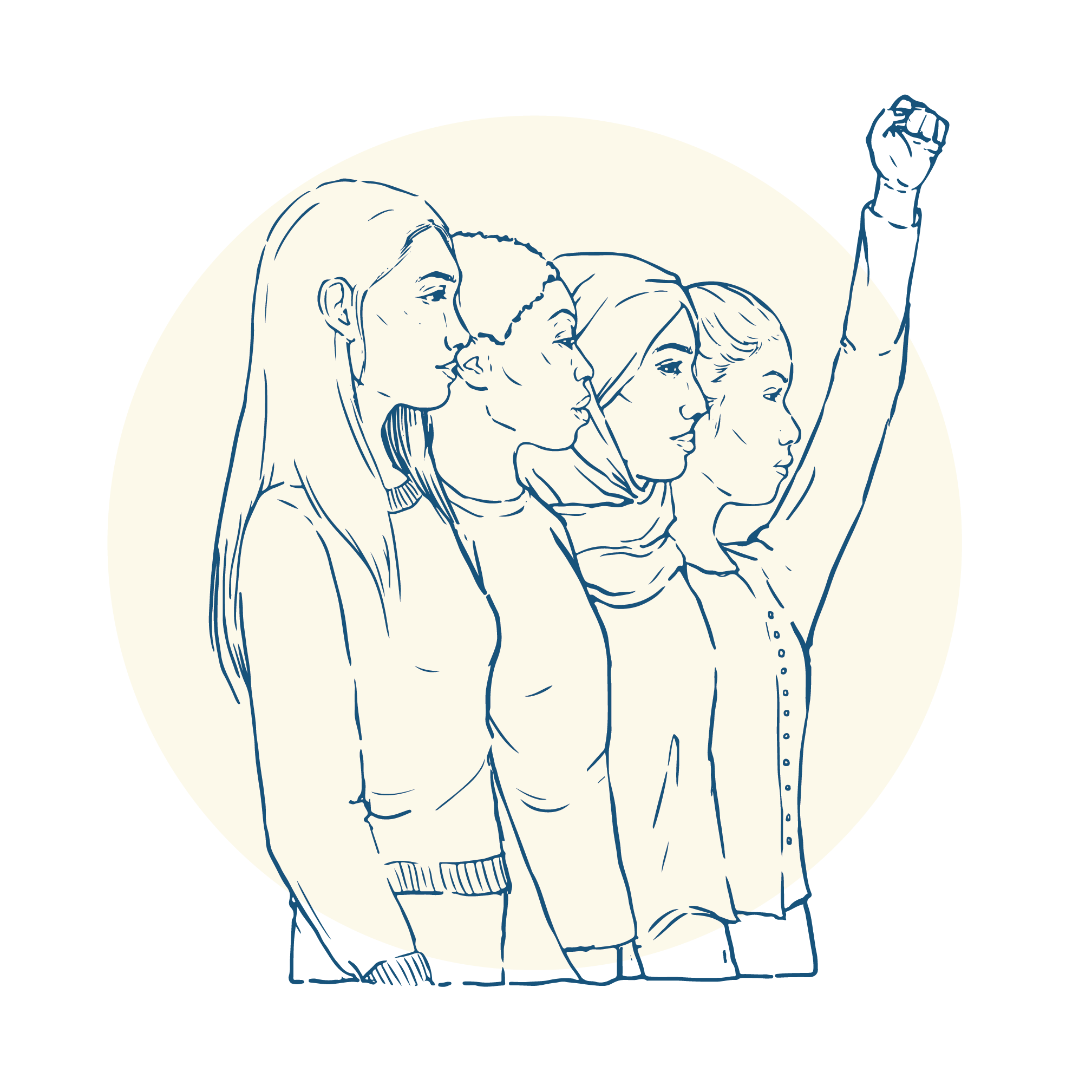 Illustration of four diverse women standing side by side, with one woman raising her fist in empowerment.