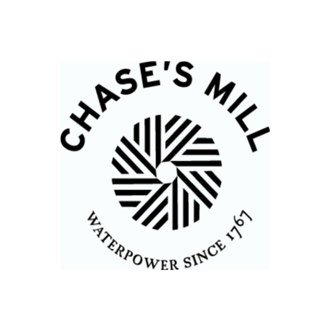 Logo of Chase's Mill with geometric design and text saying "Waterpower Since 1767."