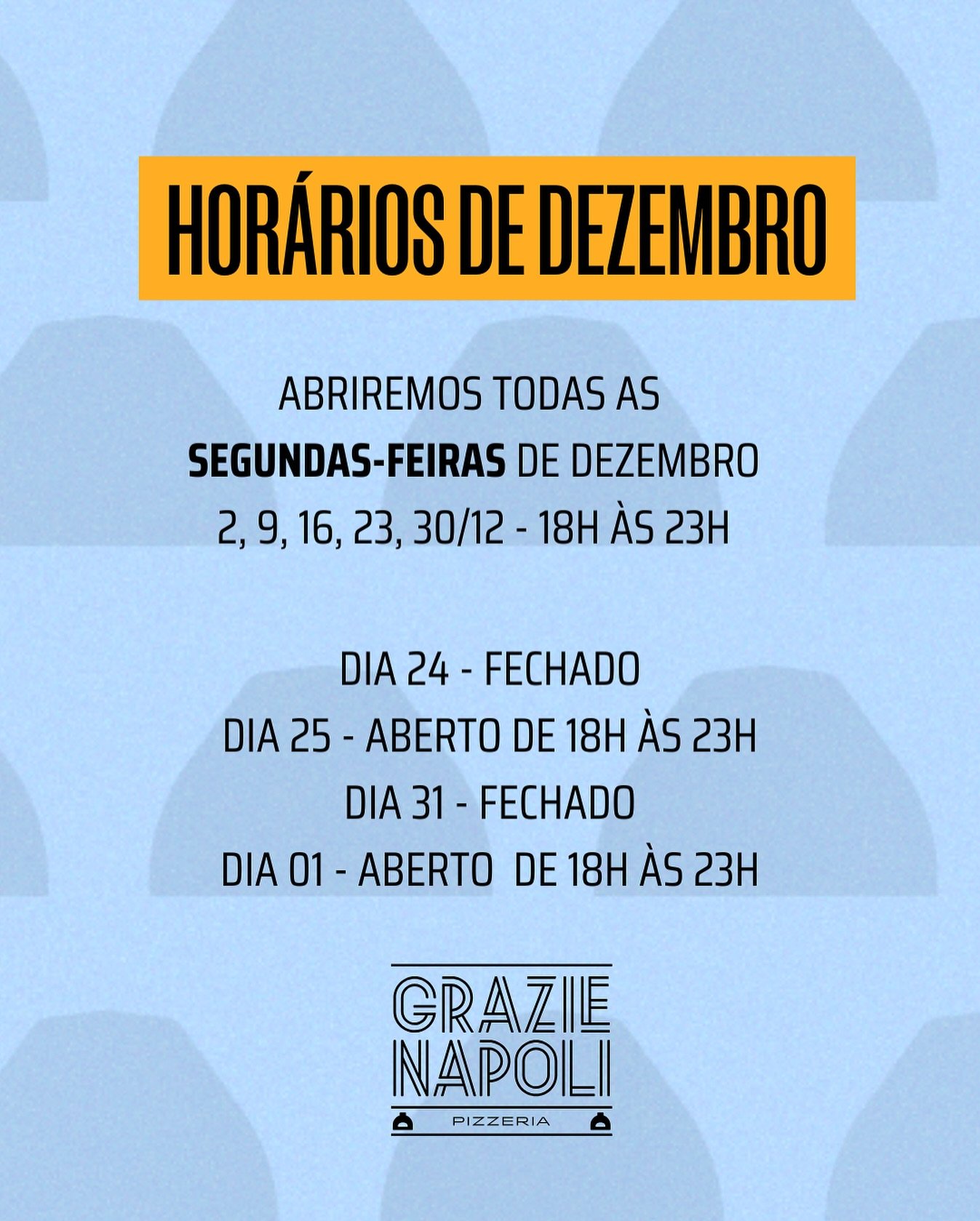 ⚠️Hor&aacute;rios de Dezembro⚠️

ABRIREMOS TODAS AS SEGUNDAS-FEIRAS DE DEZEMBRO
2, 9, 16, 23, 30/12 - 18H &Agrave;S 23H

DIA 24 - FECHADO
DIA 25 - ABERTO DE 18H &Agrave;S 23H
DIA 31 - FECHADO
DIA 01 - ABERTO  DE 18H &Agrave;S 23H

Restante dos dias d