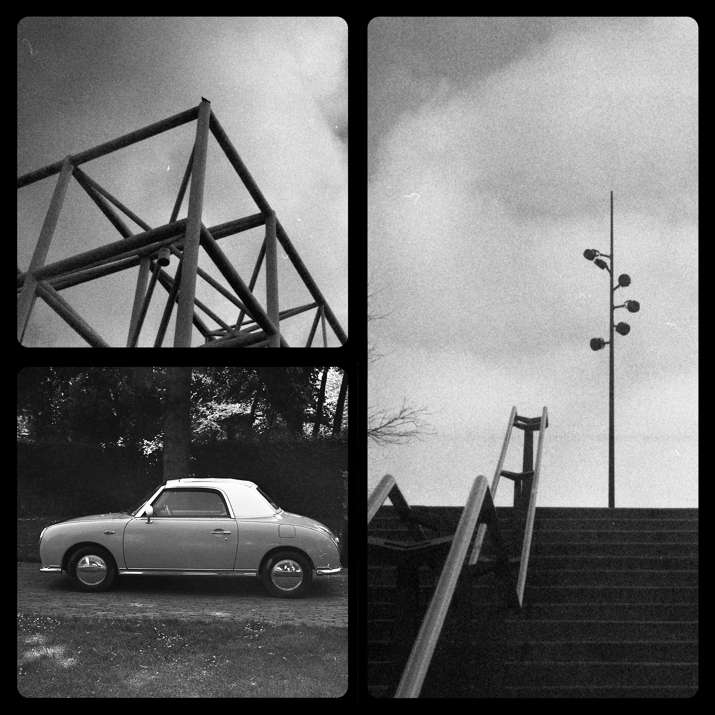 Collage of three black-and-white photographs: top left shows a metal geometric tower structure viewed from below, top right depicts a tall light pole with multiple lamps and clouds in the sky, bottom left features a vintage car parked on a road with trees in the background.