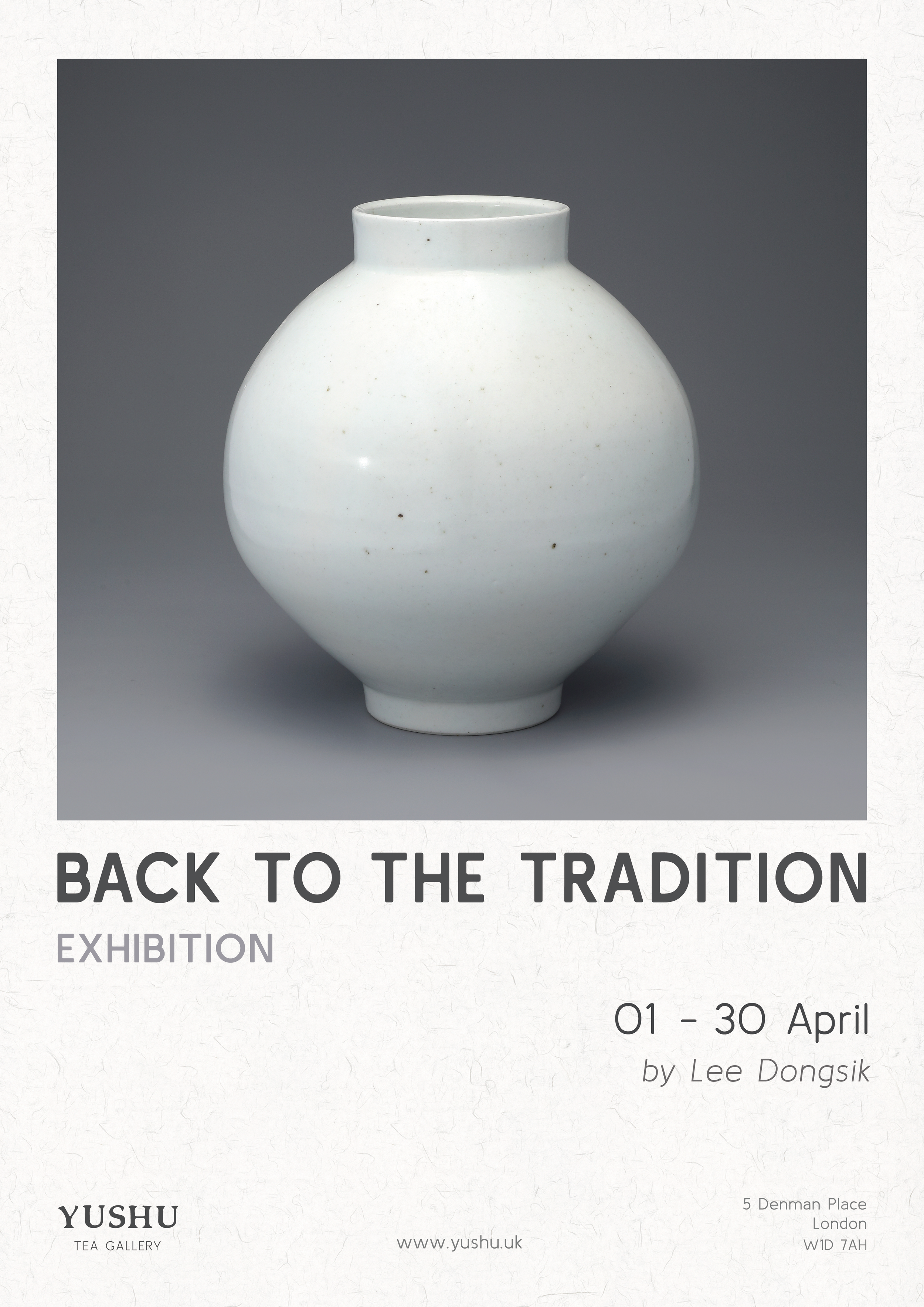 A white ceramic vase with a rounded body and narrow opening, displayed against a gray background, advertising a pottery exhibition.