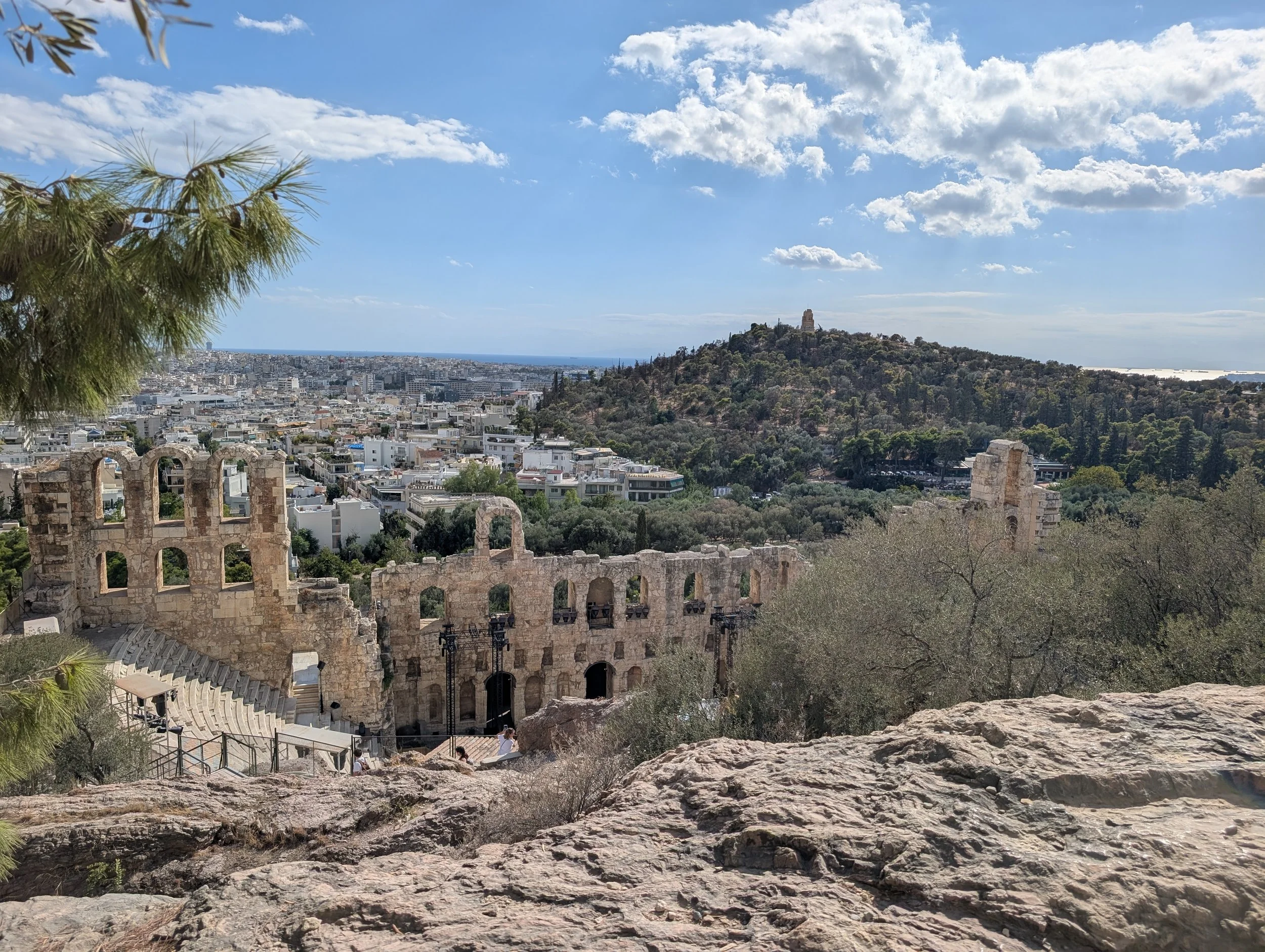 City of Athens, Ancient Ruins, Blue Skies with White Clouds, Mountain range with trees