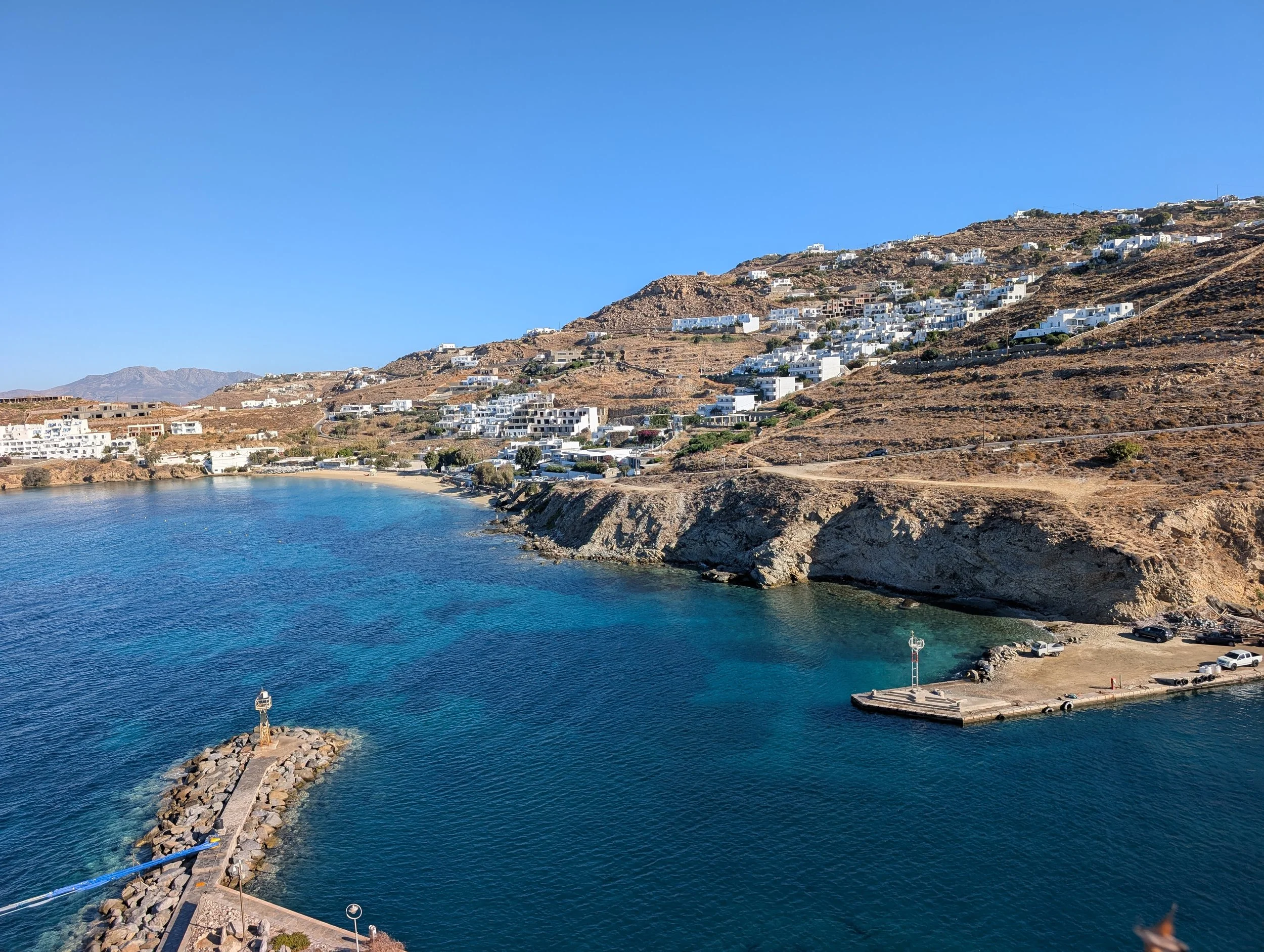 Mykonos Island over the sea with white buildings