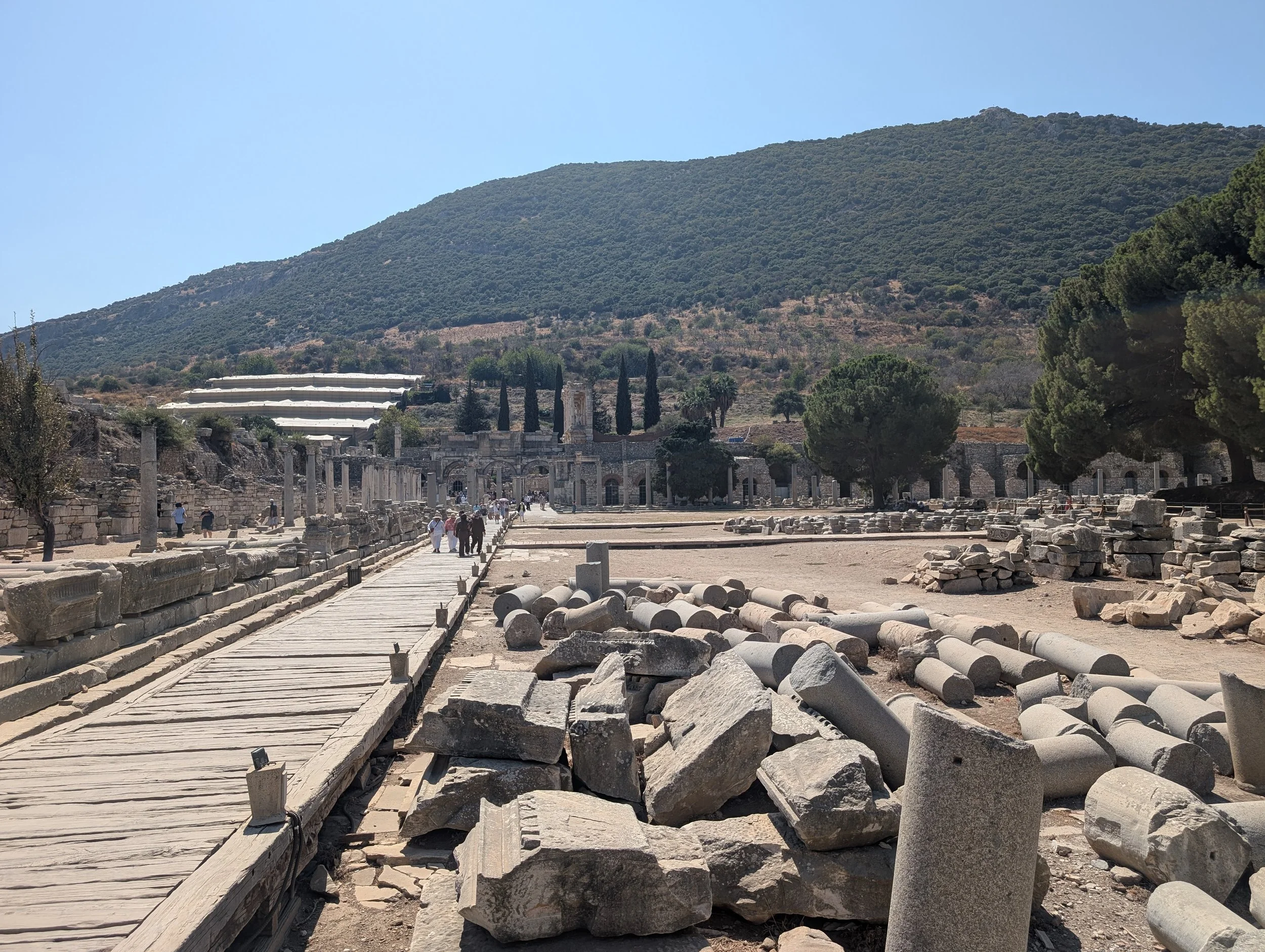 Euphesus, Turkey Ancient Ruins, Walkway, Wood, Stone, Mountain with Trees