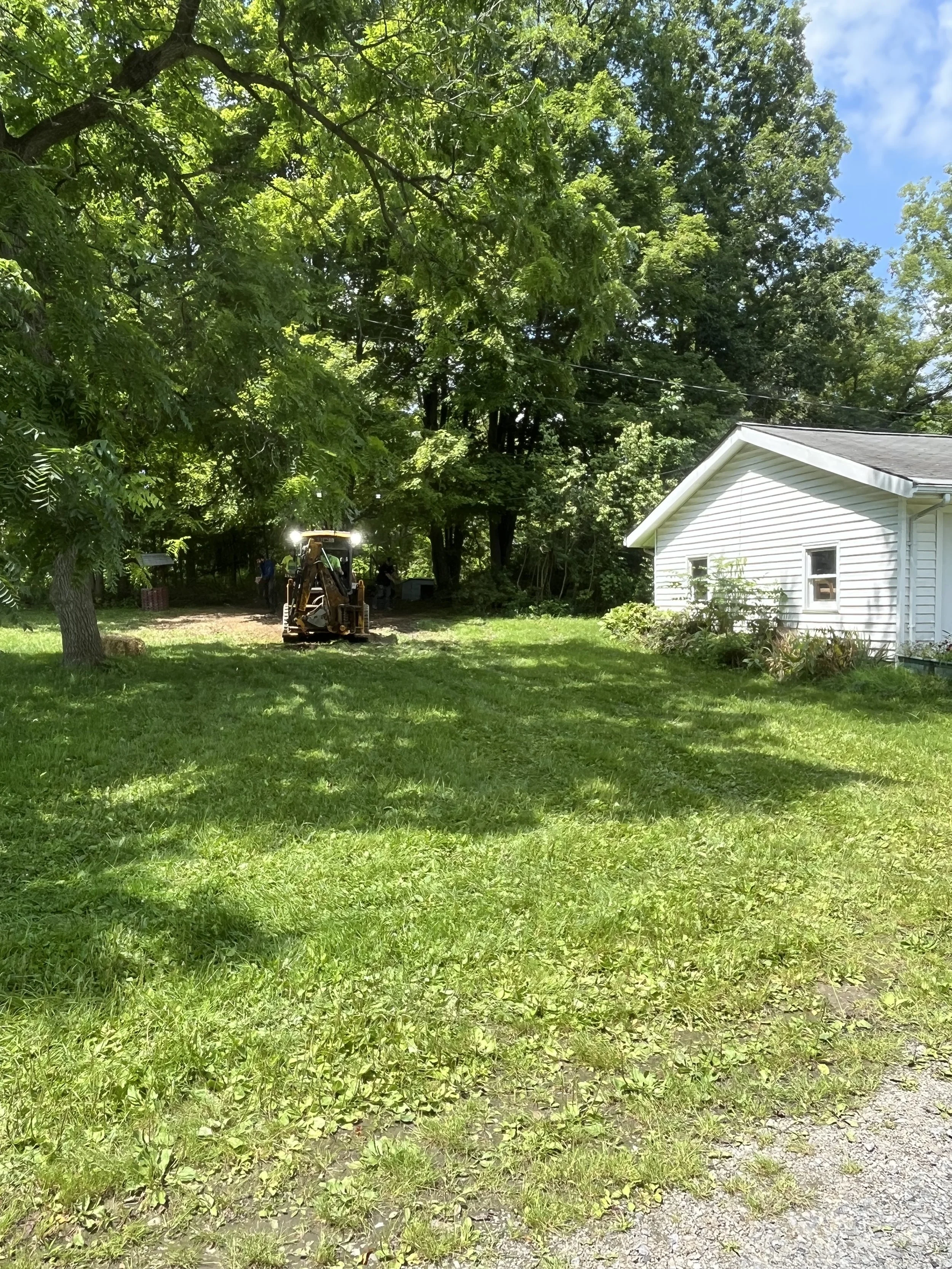 A backyard with lush green grass, a large leafy tree on the left, a white house on the right, and a small tractor or lawn mower in the distance under the trees.