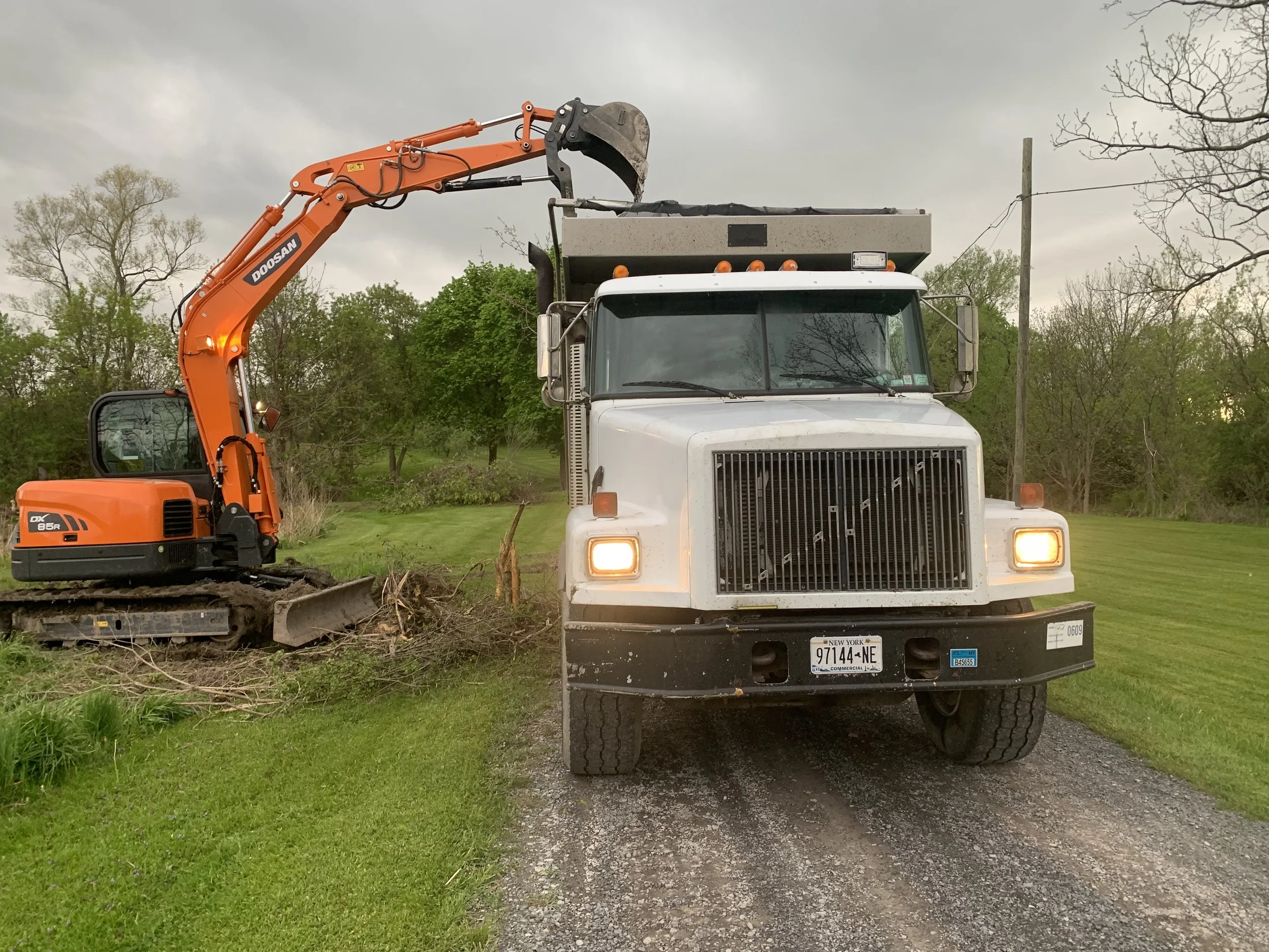 A white utility truck with a front grille and headlights, parked on a gravel lot, with an orange excavator on its side lifting debris, surrounded by green grass, trees, and a cloudy sky.