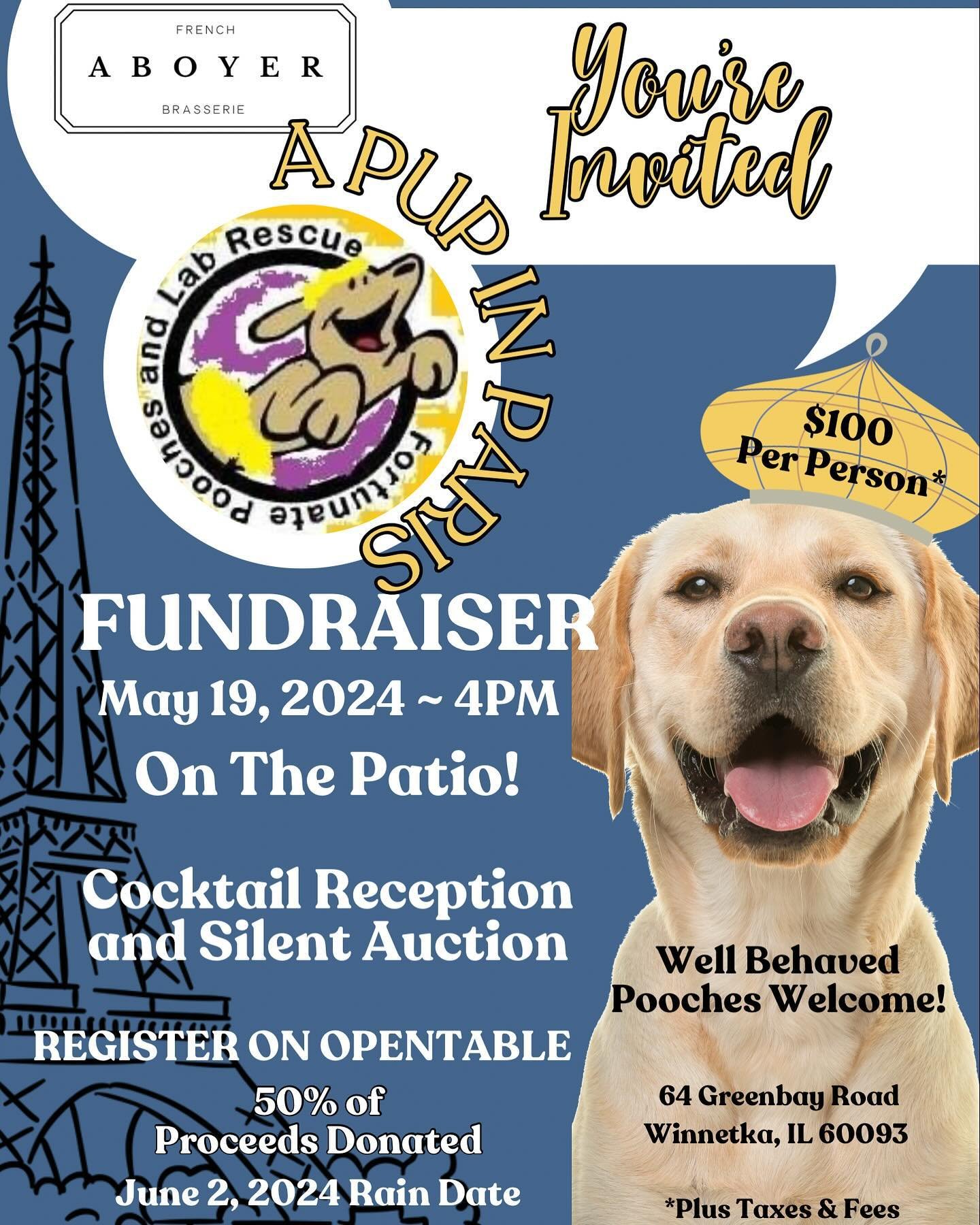 Aboyer means &ldquo;To Bark&rdquo; and it&rsquo;s no secret we have a soft spot for man&rsquo;s best friend! Join us Sunday ~ May 19th at 4pm on the Patio to support @fortunate_pooches &ldquo;A Pup In Paris Fundraiser&rdquo; Register on OpenTable! #a