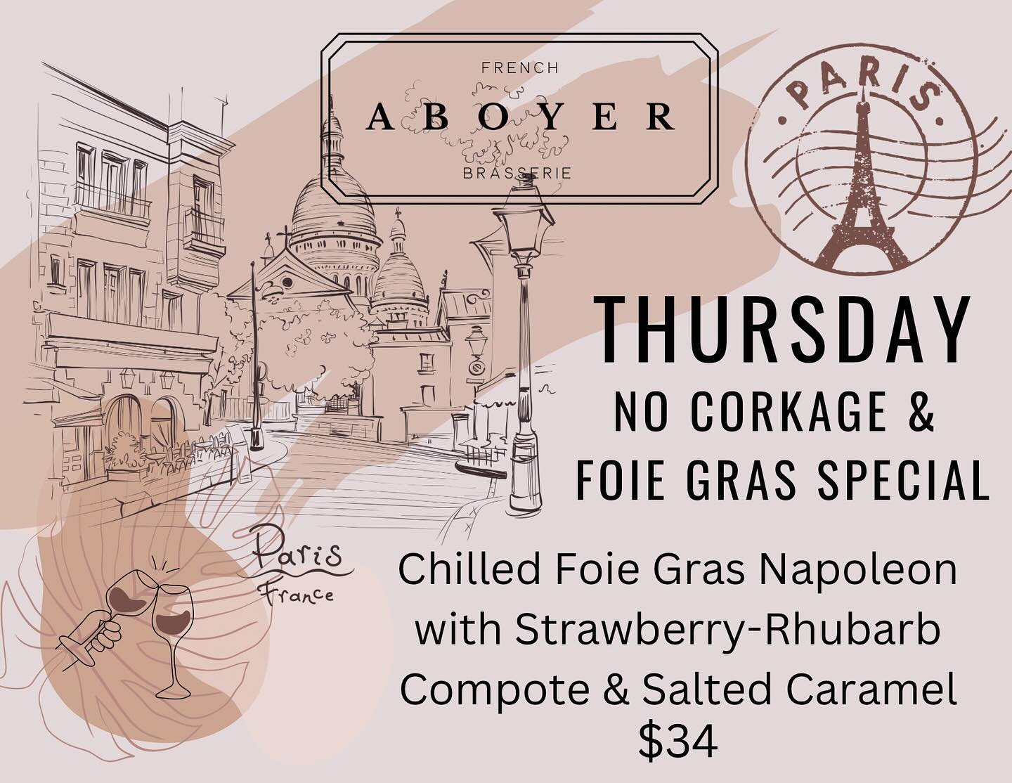 Slip away for a moment and enjoy your favorite wine with No Corkage Fee and our delicious Foie Gras special! @aboyerfrenchbrasserie Looking forward to seeing you tonight! #frenchcuisine #bistro #parisinyourbackyard #aboyer #winnetkaillinois