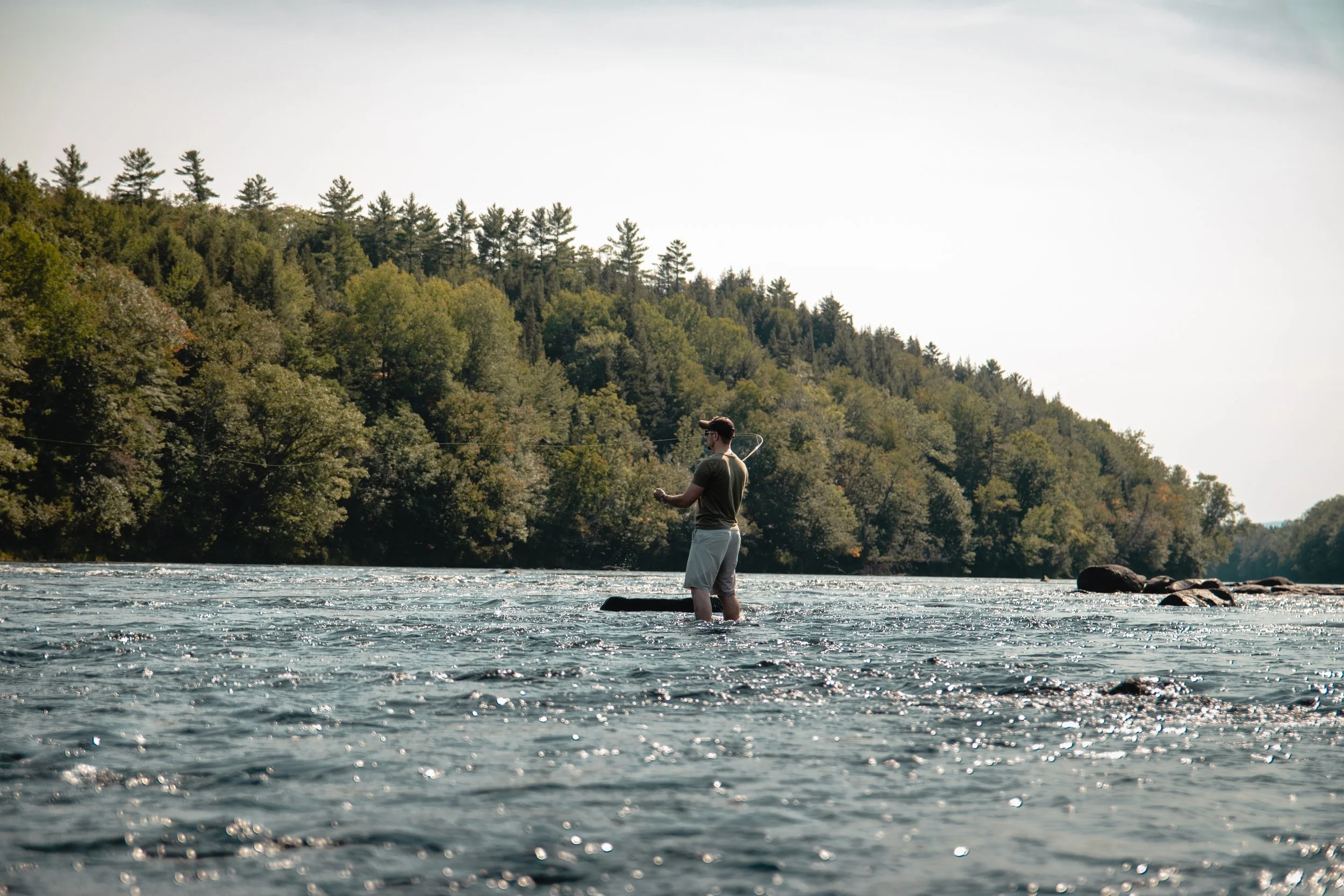 Man standing in a river fishing with a forested background.