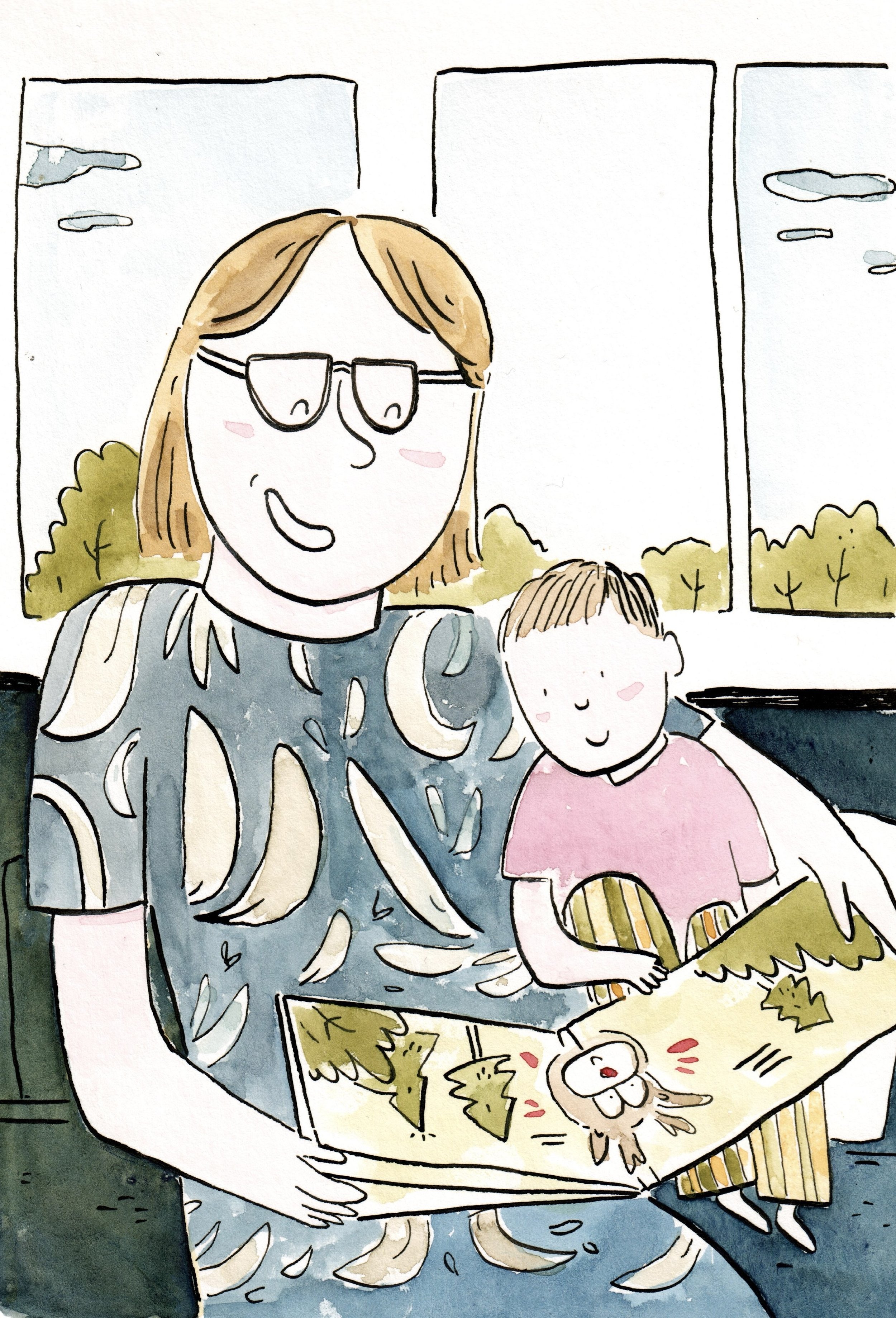 Portrait à l'aquarelle d'une grand-mère et de son petit-fils lisant un livre