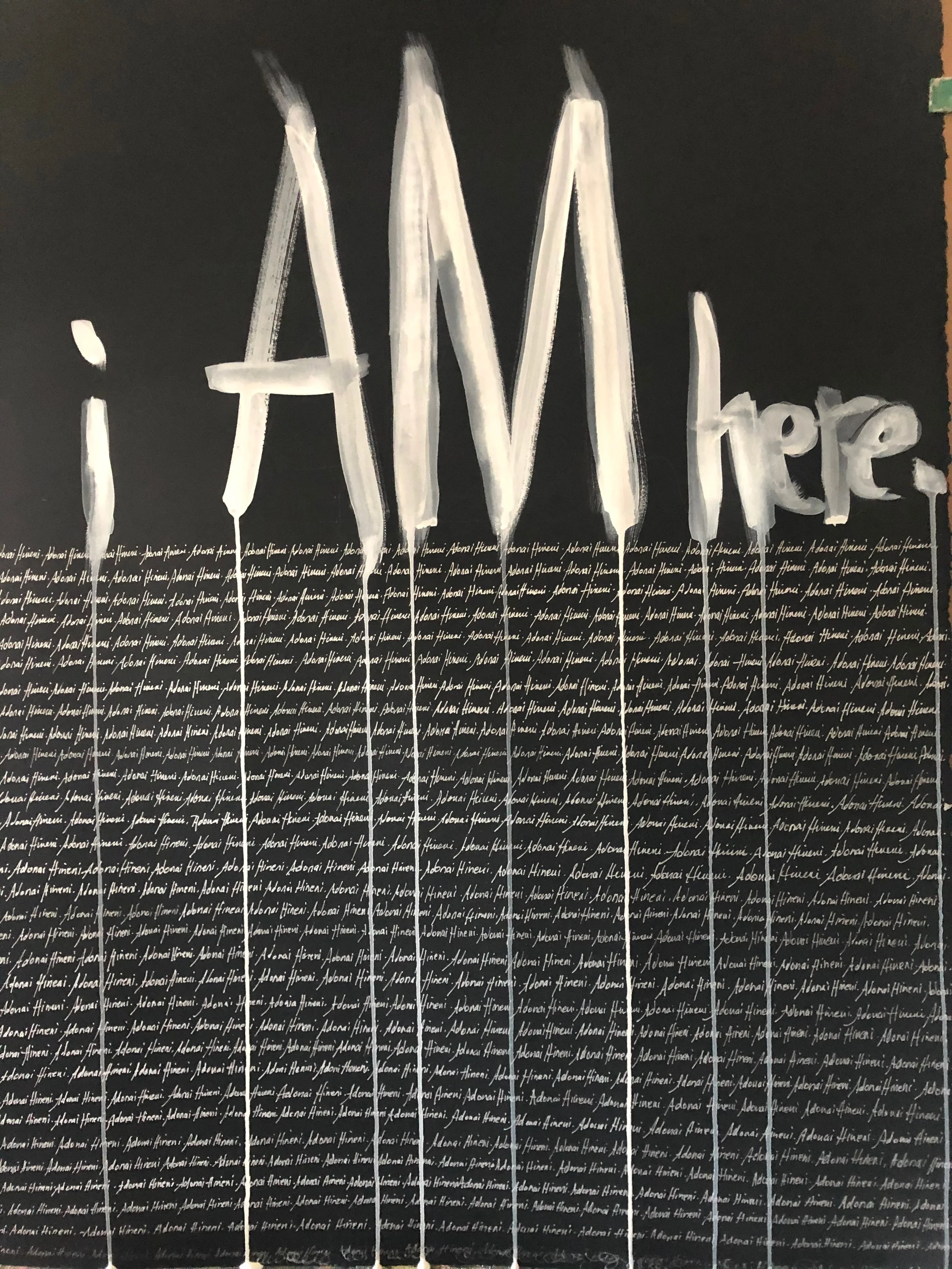 "Hineni" Silver ink and white paint on black paper.