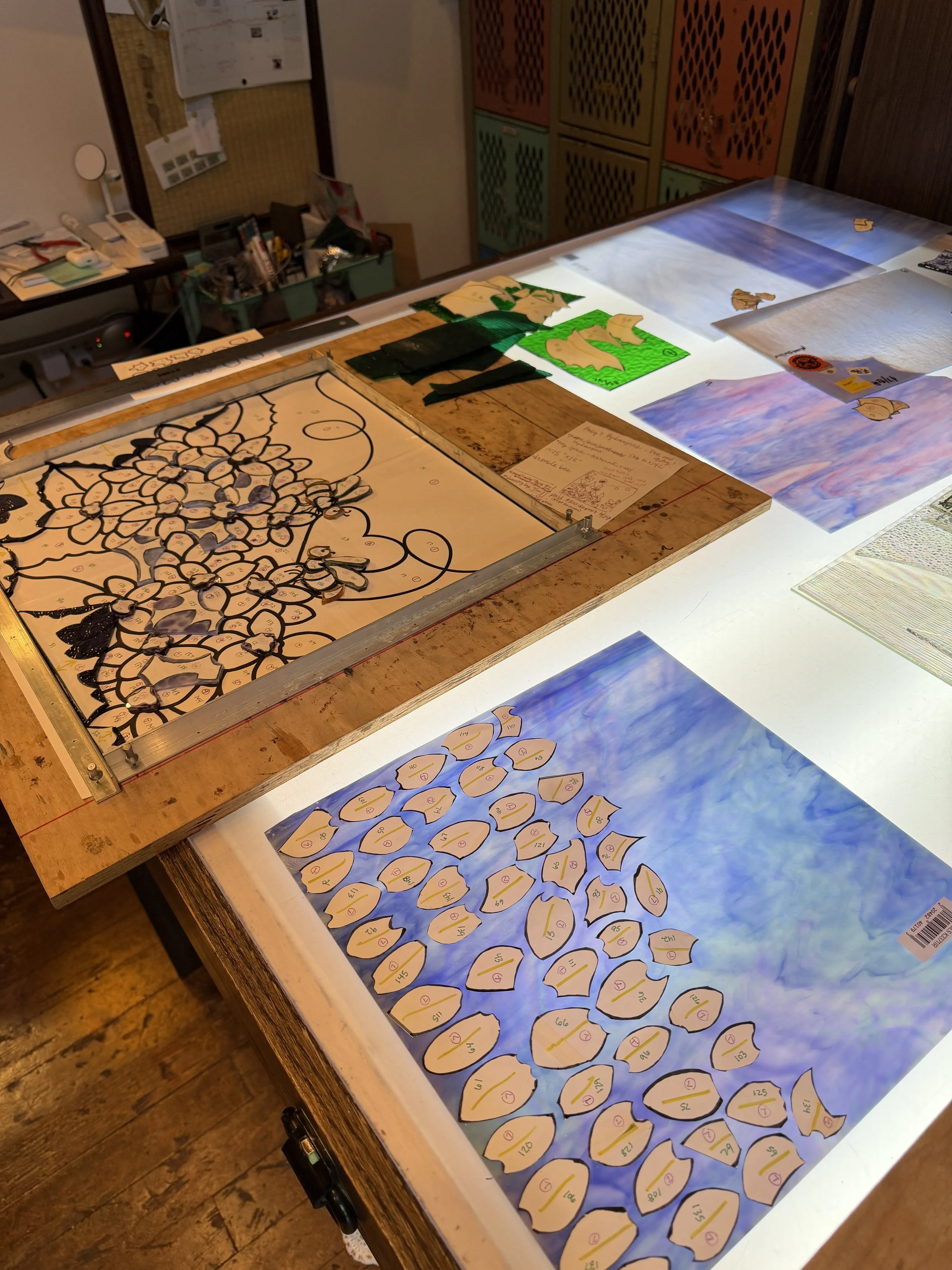Stained Glass Hydrangeas with Two Bees, Stained Glass Floral Window