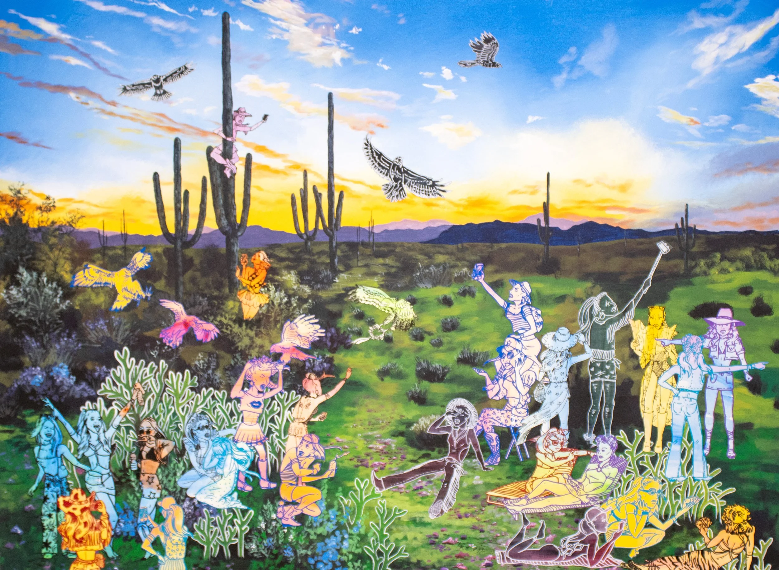 Festive Girls Lost in the Desert Without Cell Service, $2,900, 36x48, gallery-wrapped canvas