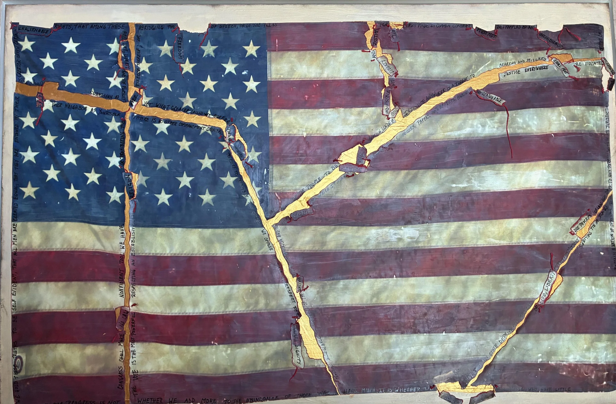 "Hanging by a Thread: A Prayer for Healing" - Susan Metcalfe; Mixed media: digital photo, acrylic paint, and thread; 22.5" x 37"; $300