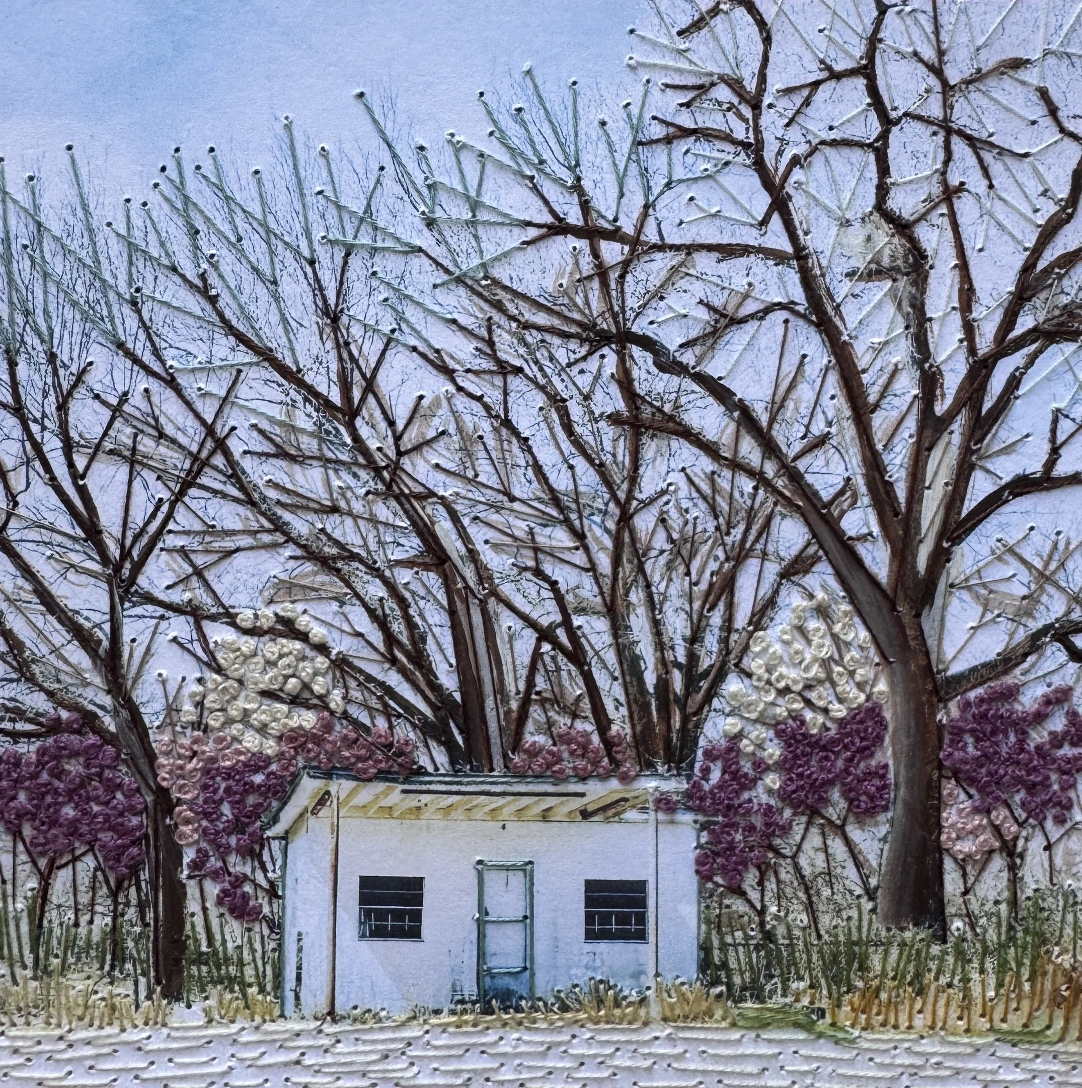 "Old Gas Station" - Irmgard Geul, Mixed media with embroidery, 10" x 10", $300
