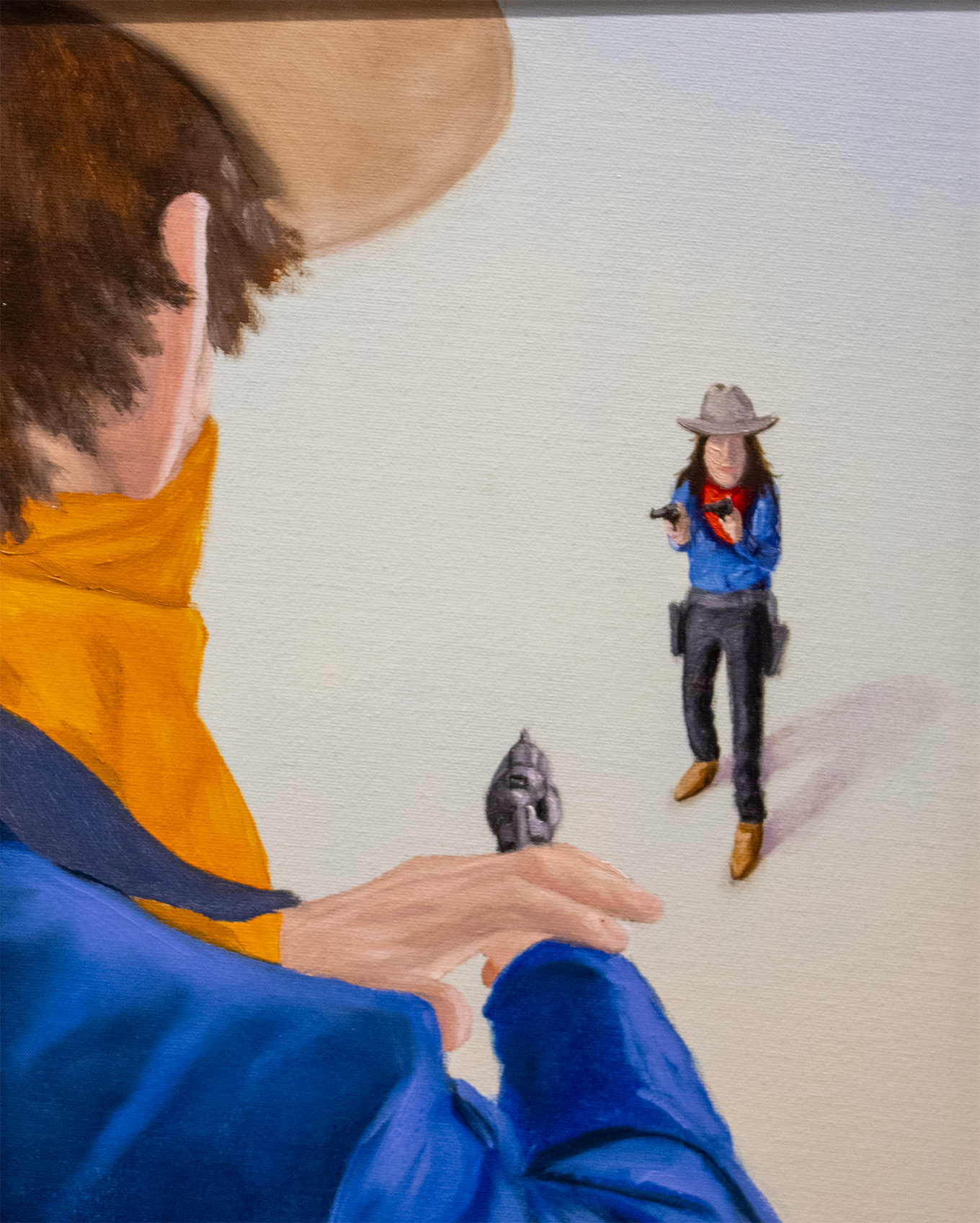 Gunfight #4 - Clayton Beavers, oil and acrylic on canvas panel, $150