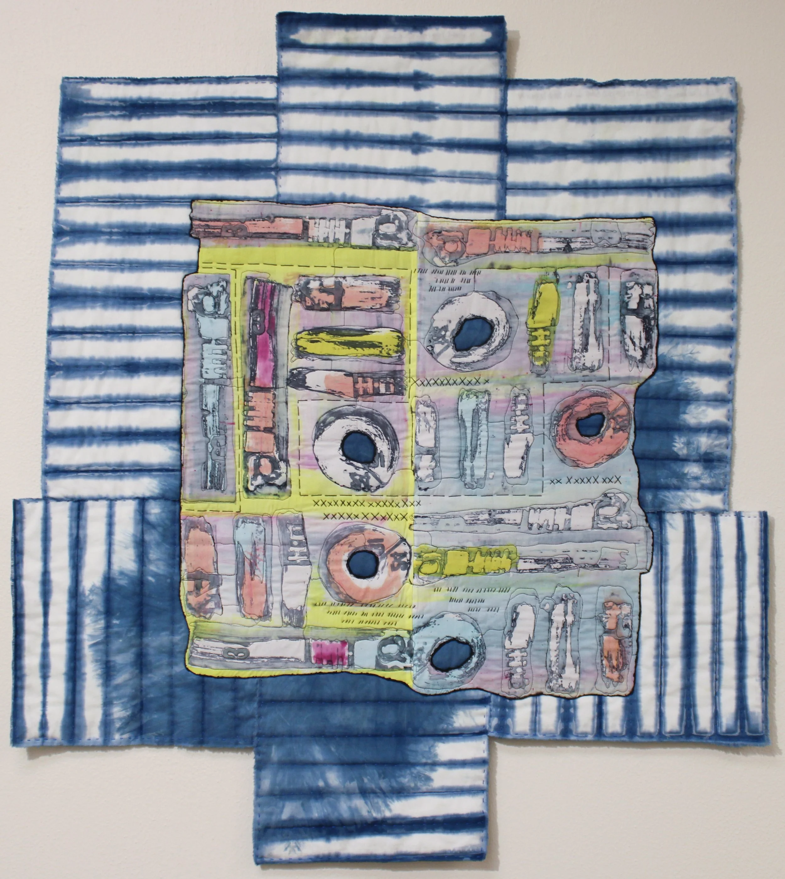 "FLOATING OVER WATER" - Agnes Stadler; Art quilt, indigo Shibori and deconstructed screen print technique; $450