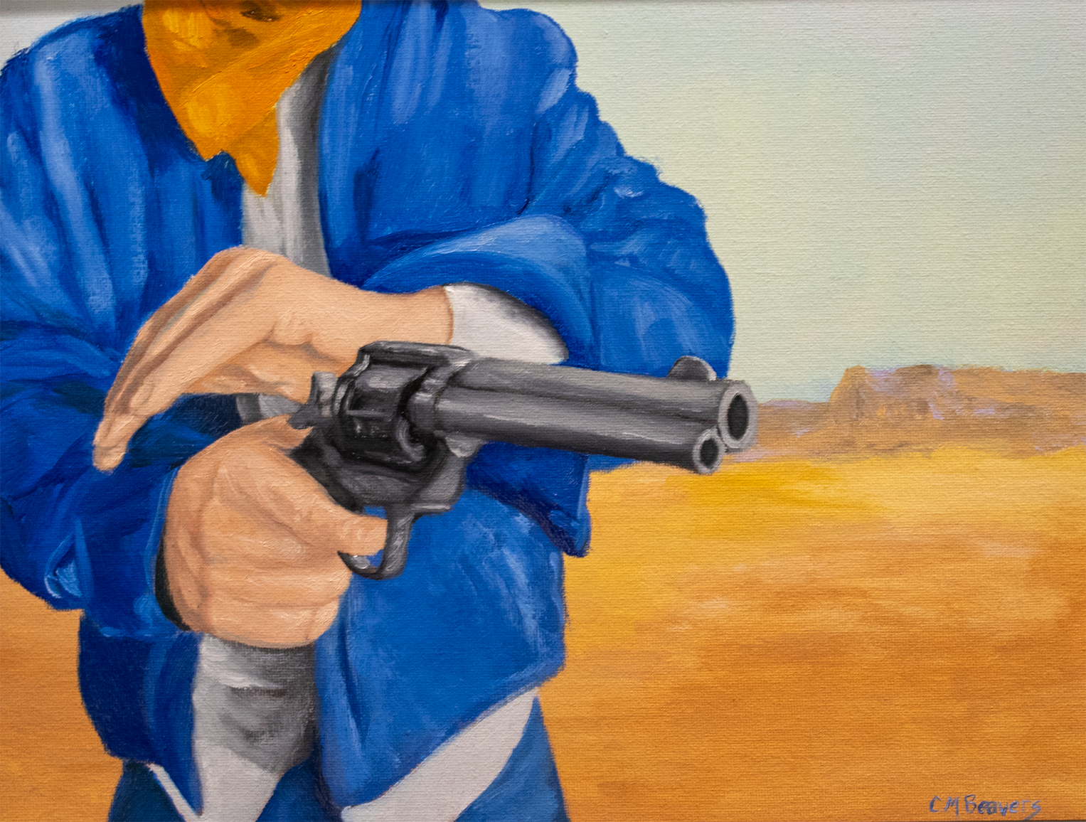 Gunfight #2 - Clayton Beavers, oil and acrylic on canvas panel, $150