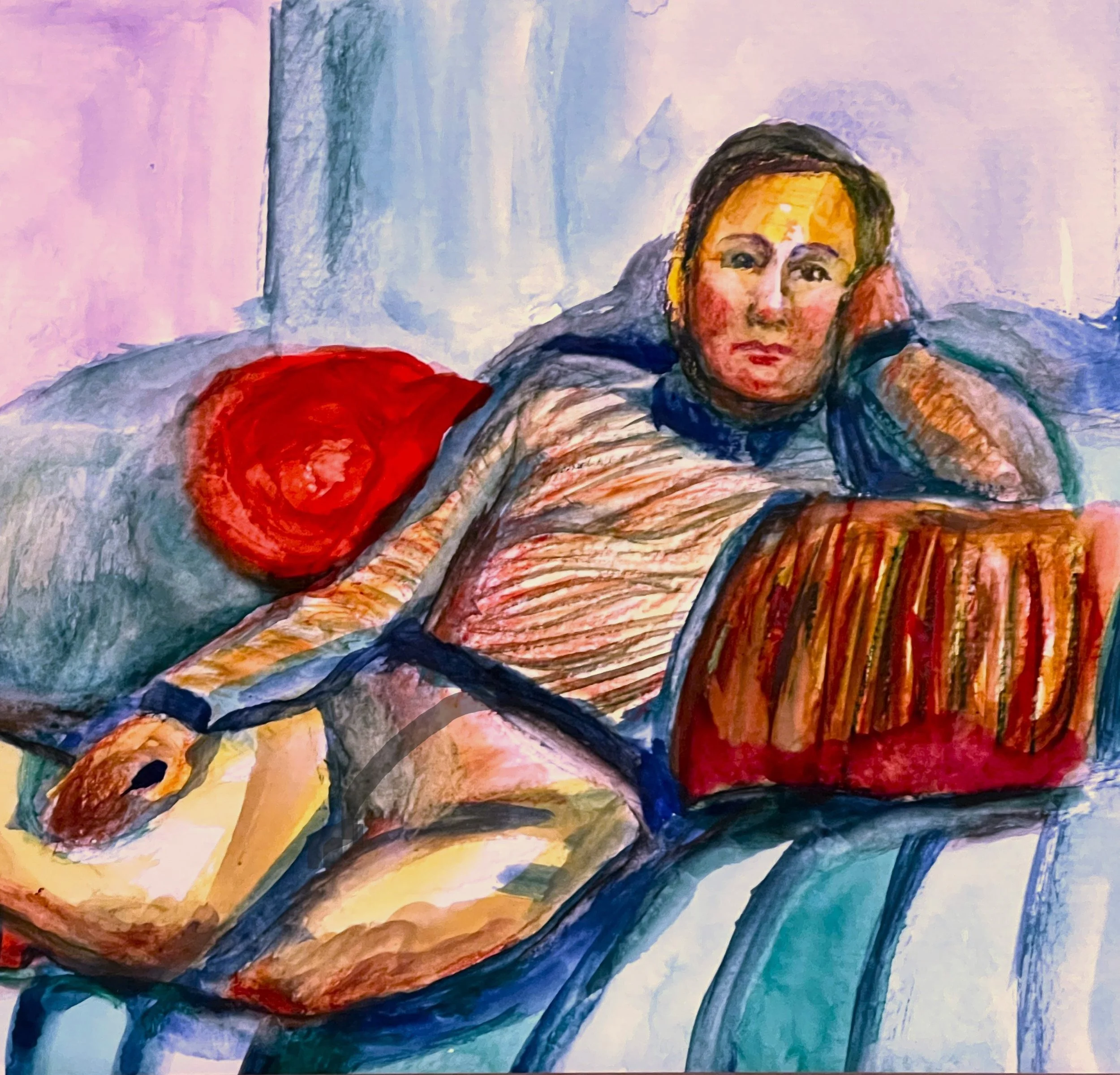 Relaxing with a Red Pillow - Marsha Mueller, 12x12, $300