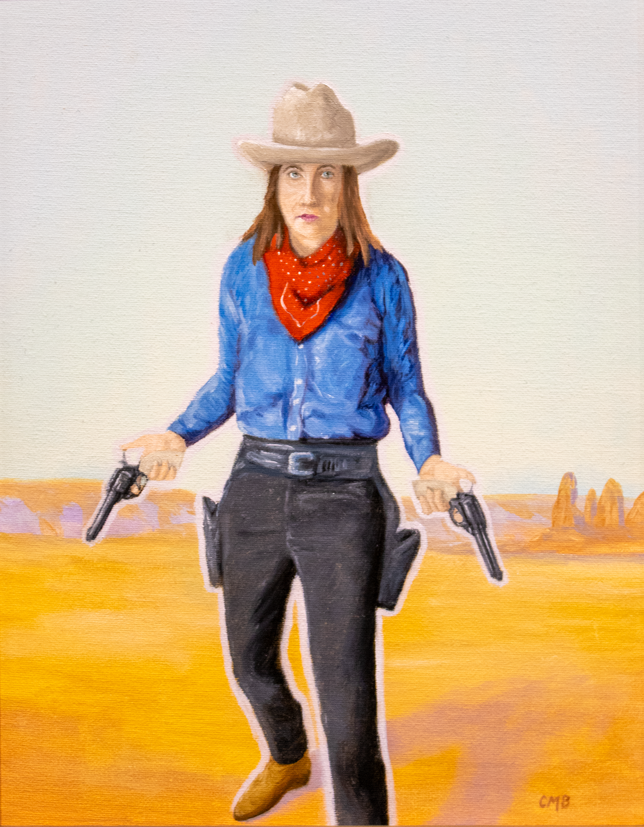 Gunfight #1 - Clayton Beavers, oil and acrylic on canvas panel, $150