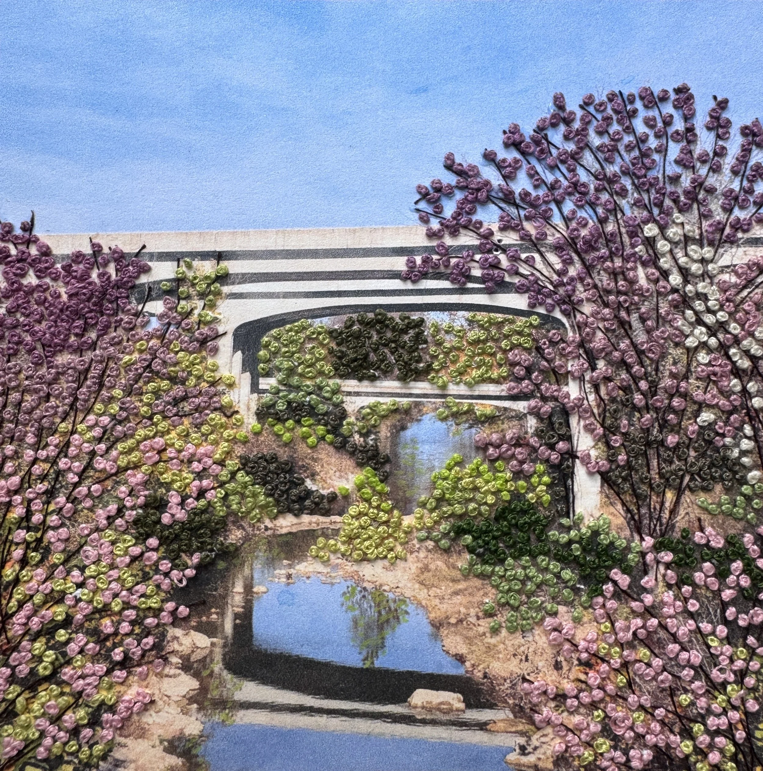 "The Underpass" - Irmgard Geul, Mixed media with embroidery, 10" x 10", $300