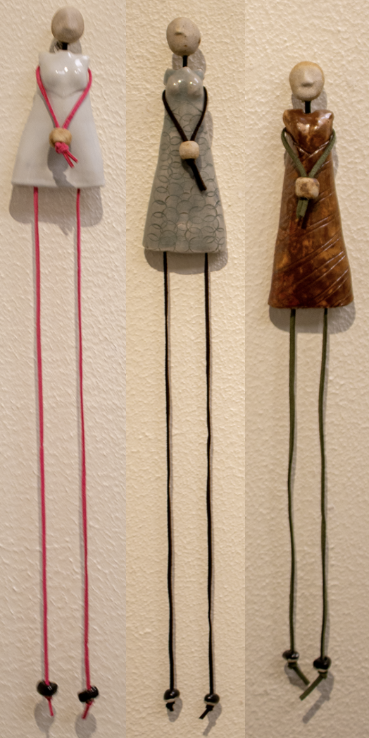 3 Generations - Daughter, Grandmother & Mother - Sherry Klechka, pottery/leather, $85 each