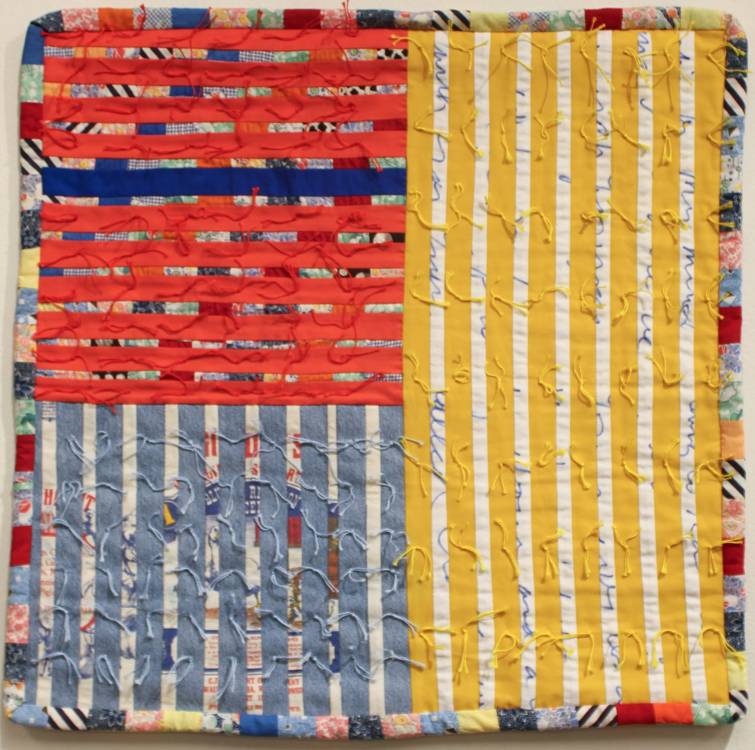 "Converging Fields" - Elizabeth Richards; Cotton, flour sack and vintage quilt fabric; Hand-tied; $225