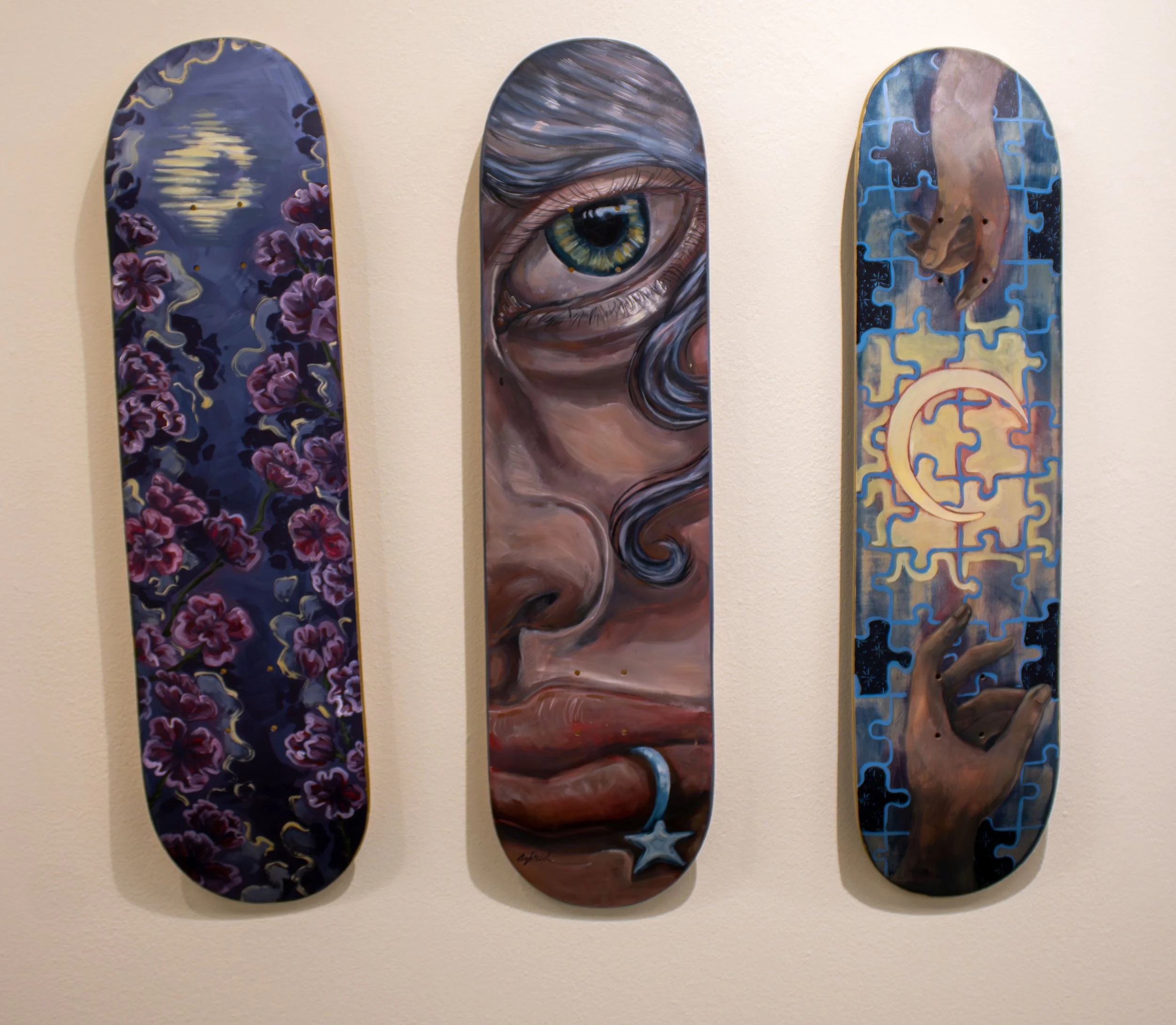 Starscape, Inquisitive & Parallel Universe - Aztrid Moan, 30x8" skate decks, $250 each